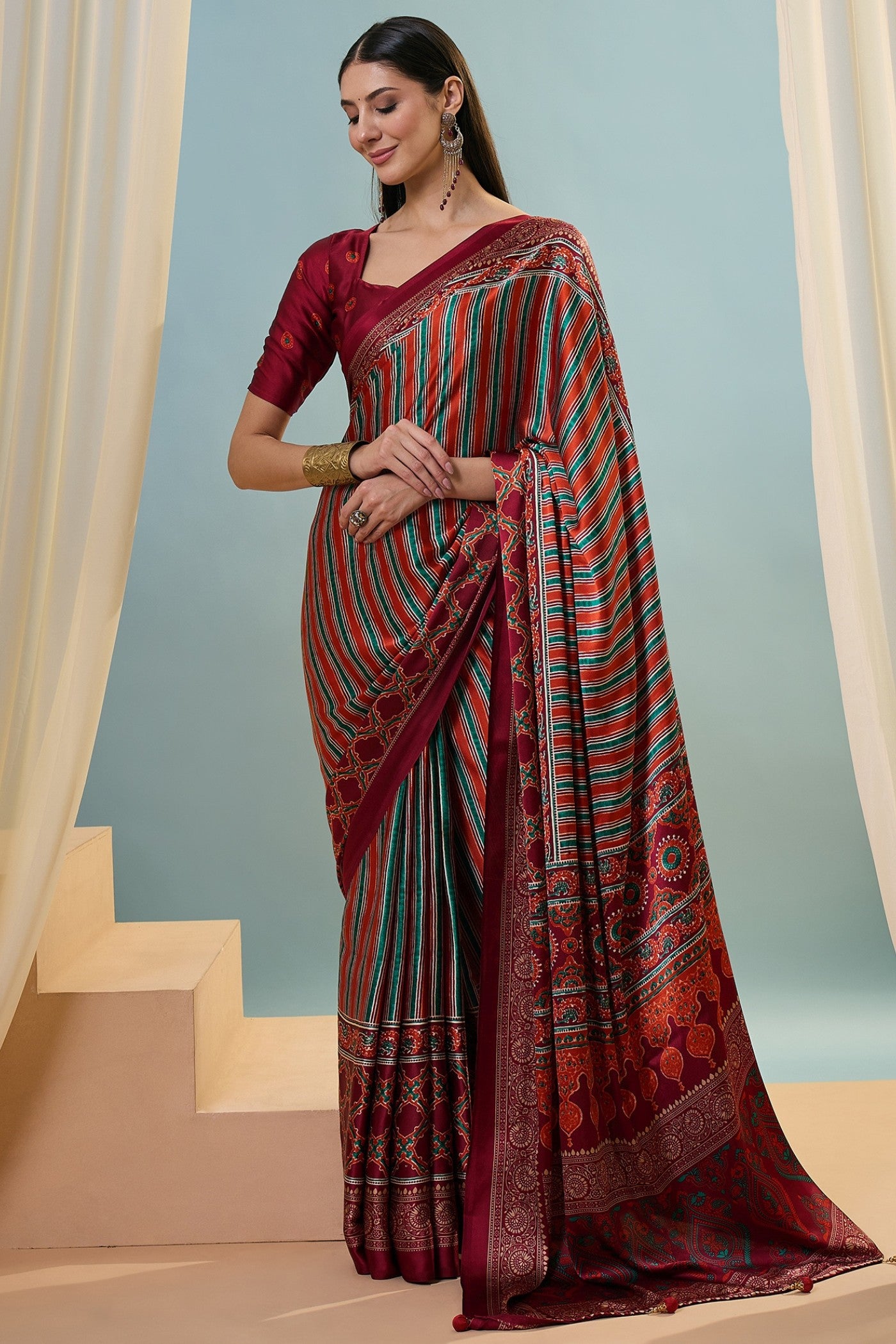 Buy MySilkLove Sanguine Brown Ajrakh Printed Satin Crepe Silk Saree Online