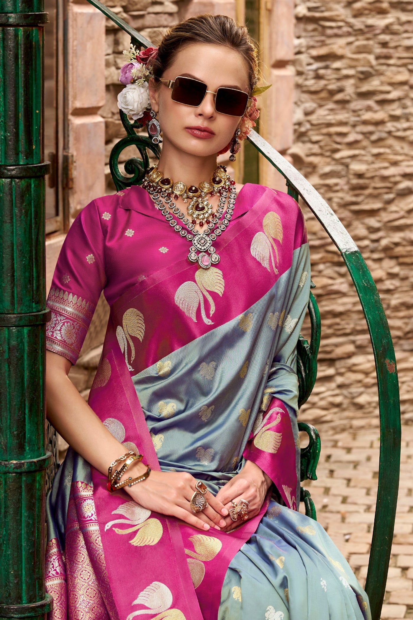 Buy MySilkLove Zinc Gery Woven Satin Soft Silk Saree Online