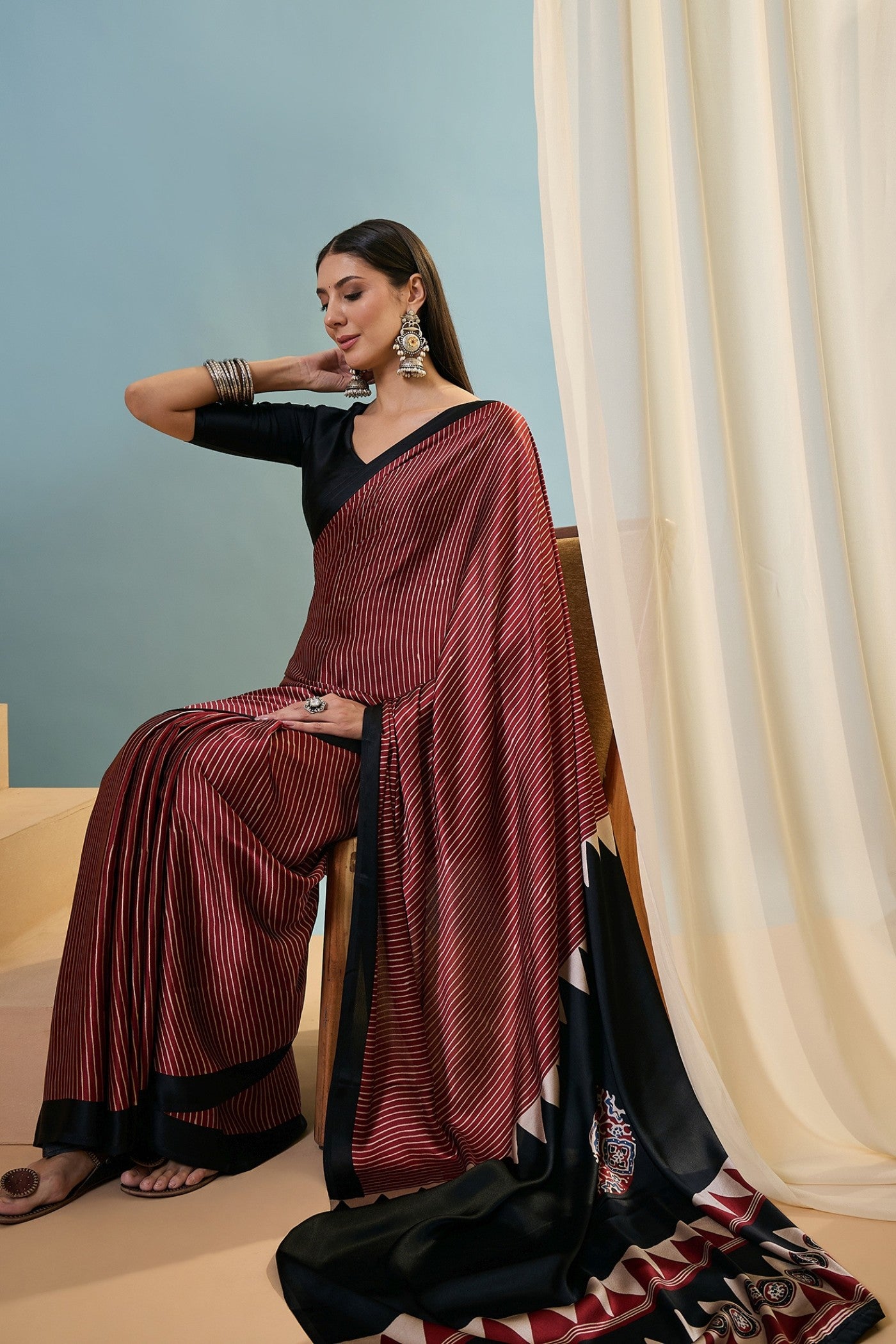 Buy MySilkLove Russet Brown Ajrakh Printed Satin Crepe Silk Saree Online