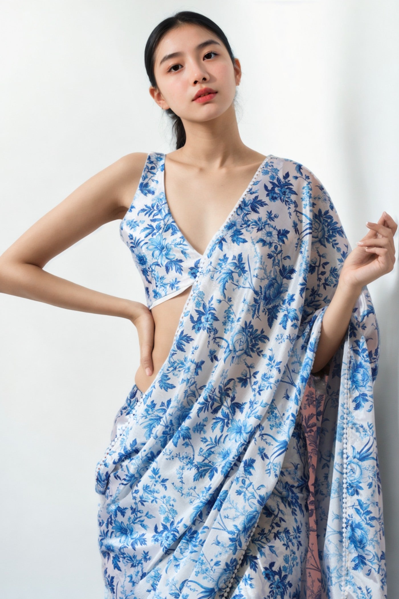 MySilkLove Cornflower Blue Chinon Printed Ready To Wear Saree