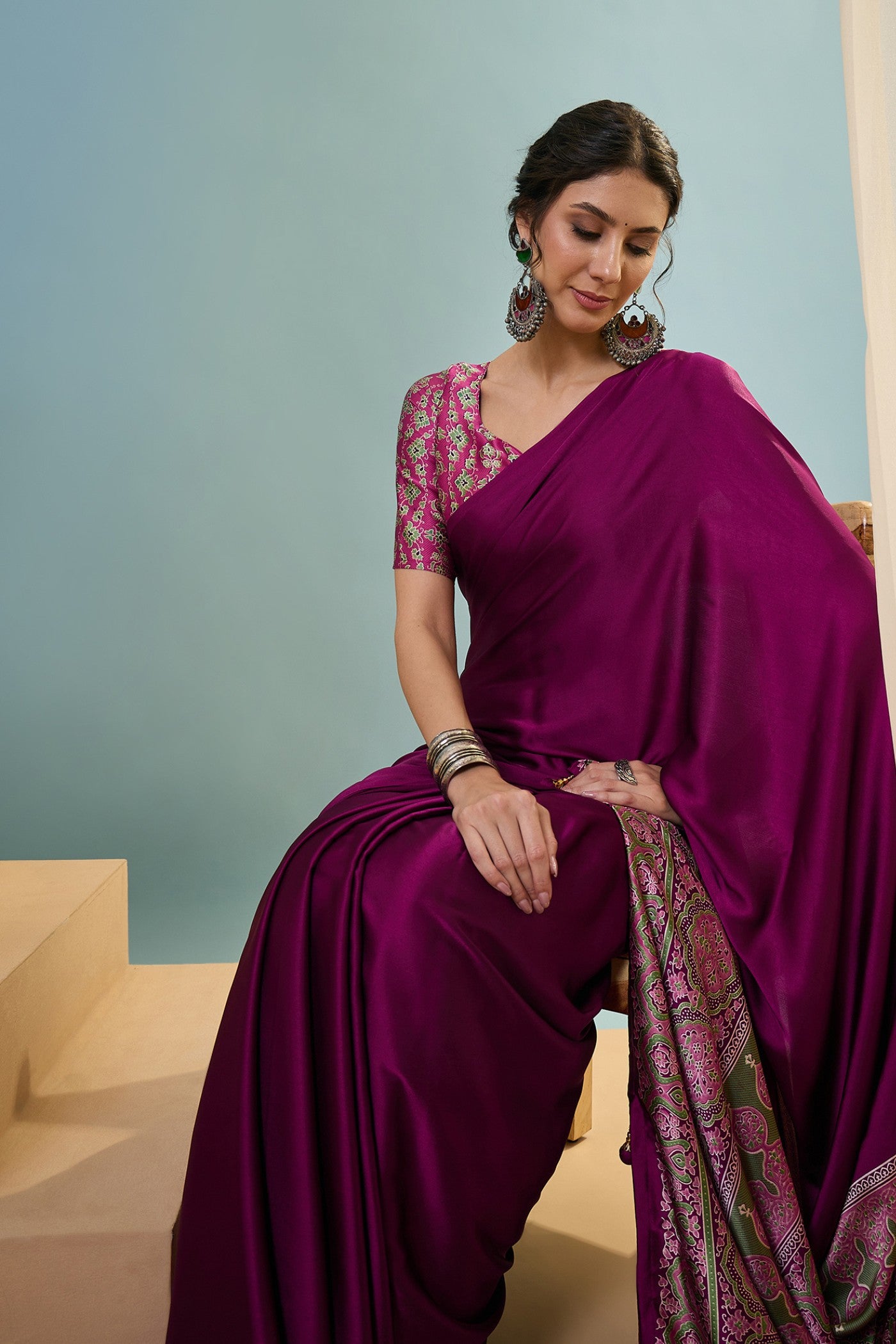 Buy MySilkLove Glassfire Purple Ajrakh Printed Satin Crepe Silk Saree Online