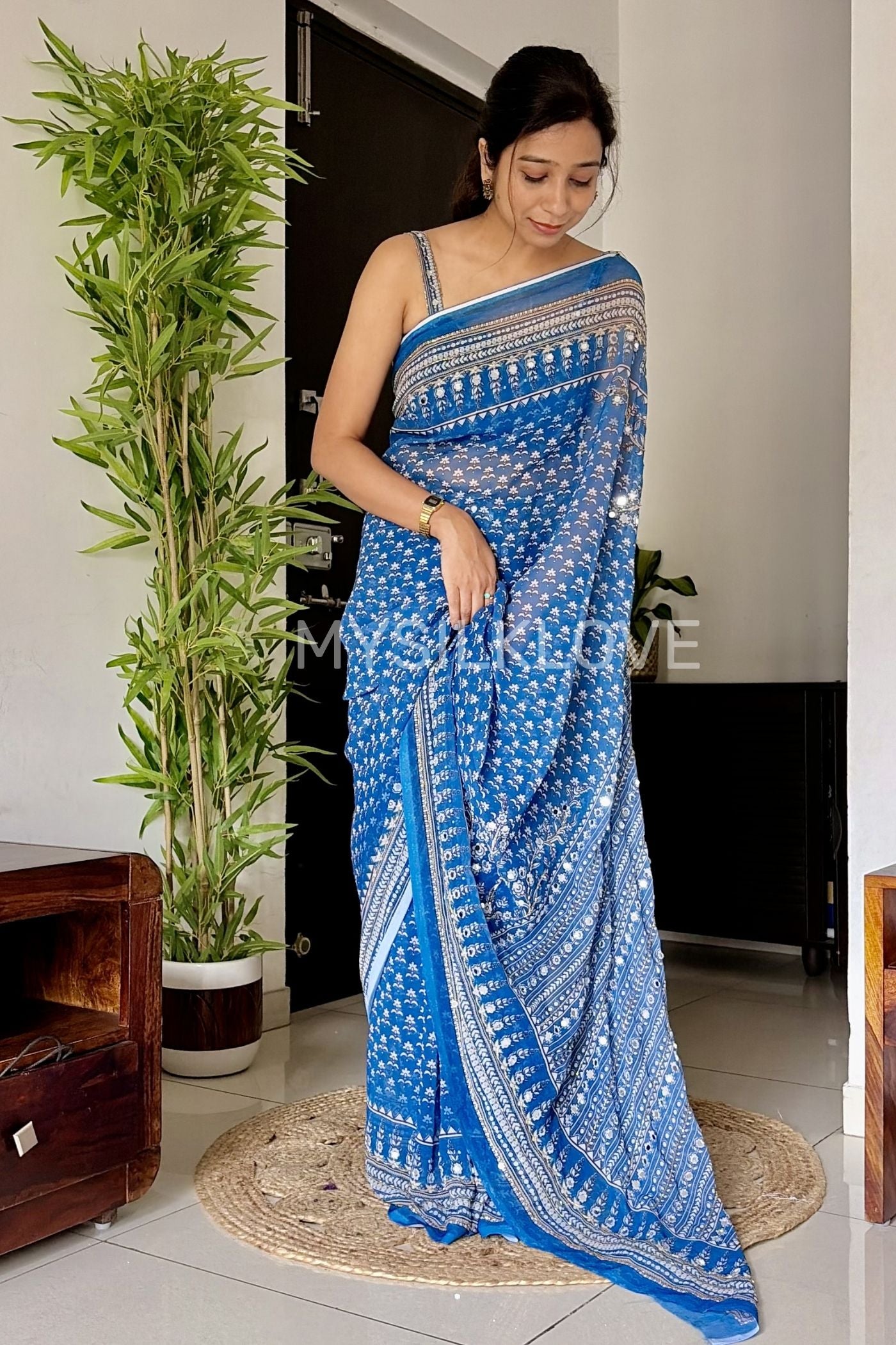 MySilkLove Kareena Kapoor Inspired: Blue Ajrakh Georgette Mirror Work Saree
