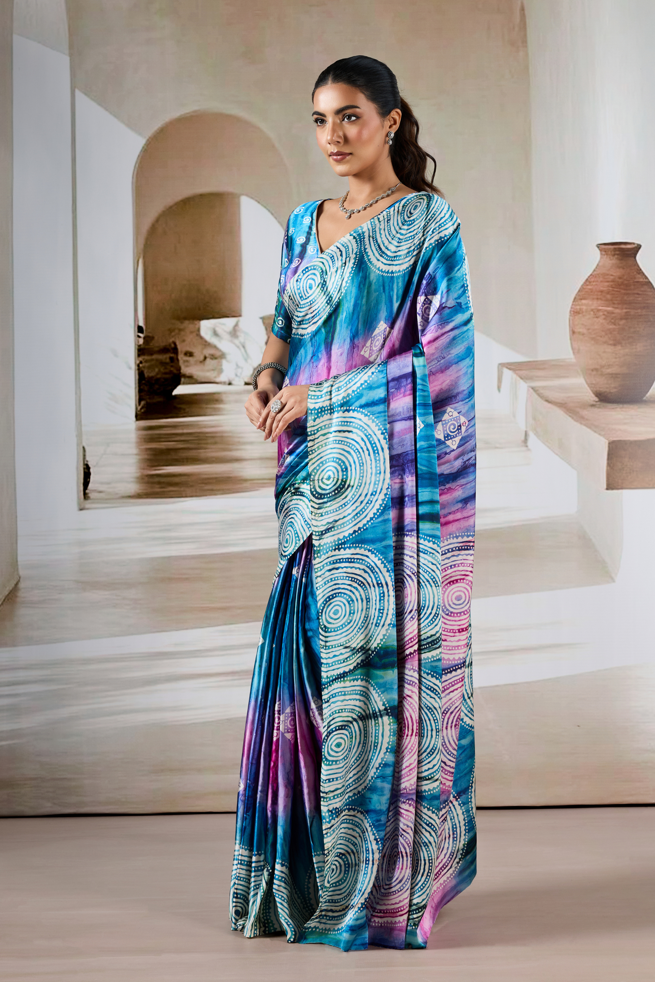 MySilkLove Periwinkle Blue Modal Satin Hand Prism Print Saree