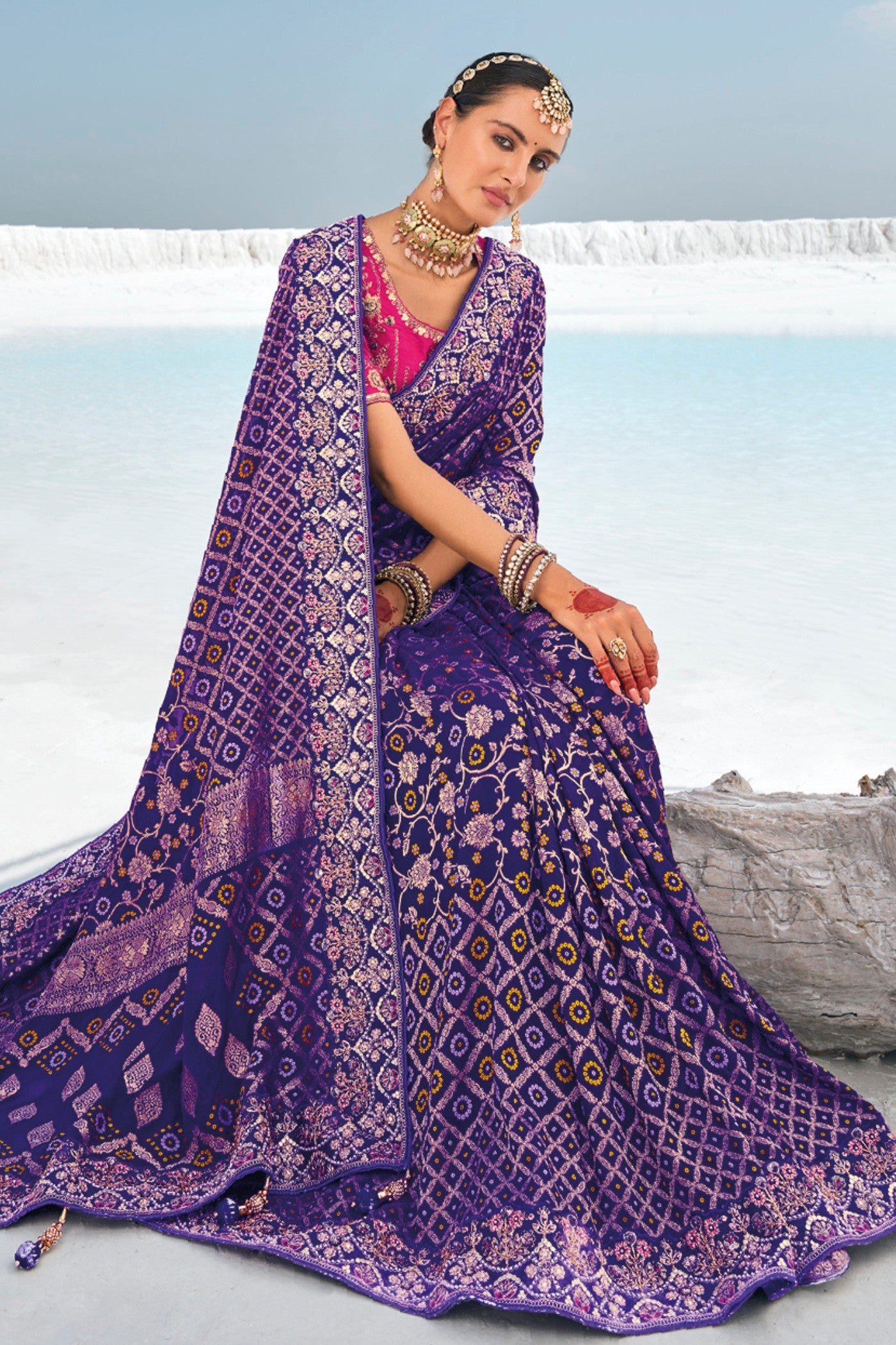 Buy MySilkLove Blue Hibiscus Georgette Patola Saree Online