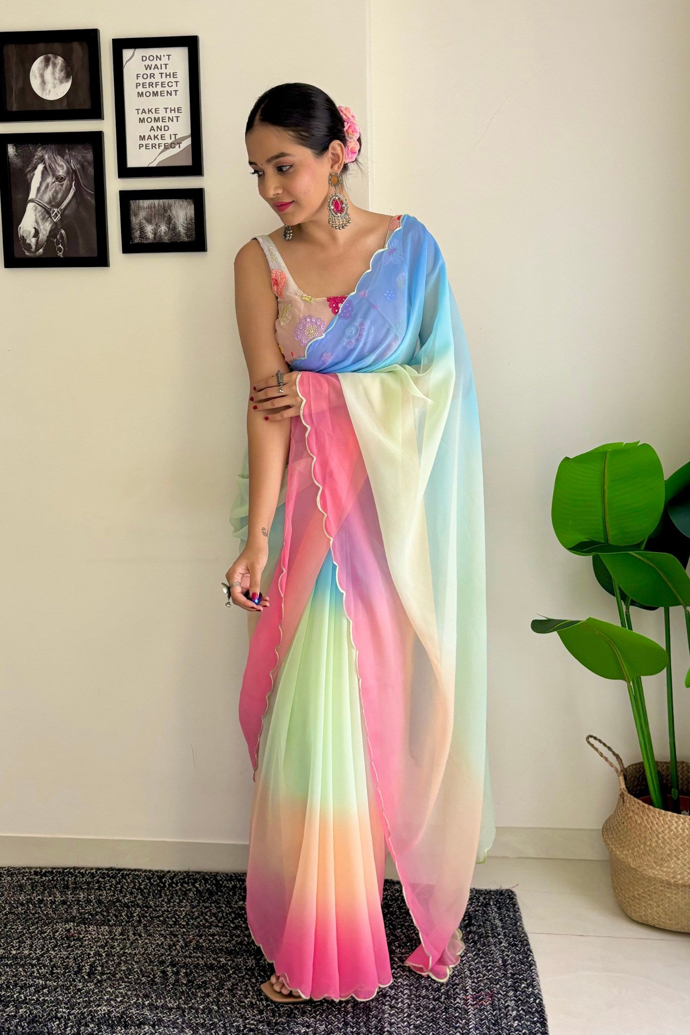 MySilkLove Bloom Pink and Blue Georgette Saree