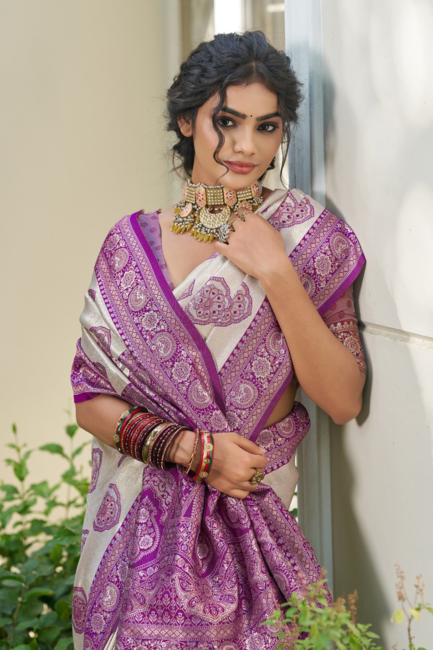 Buy MySilkLove Classic Ivory and Purple Woven Banarasi Saree Online