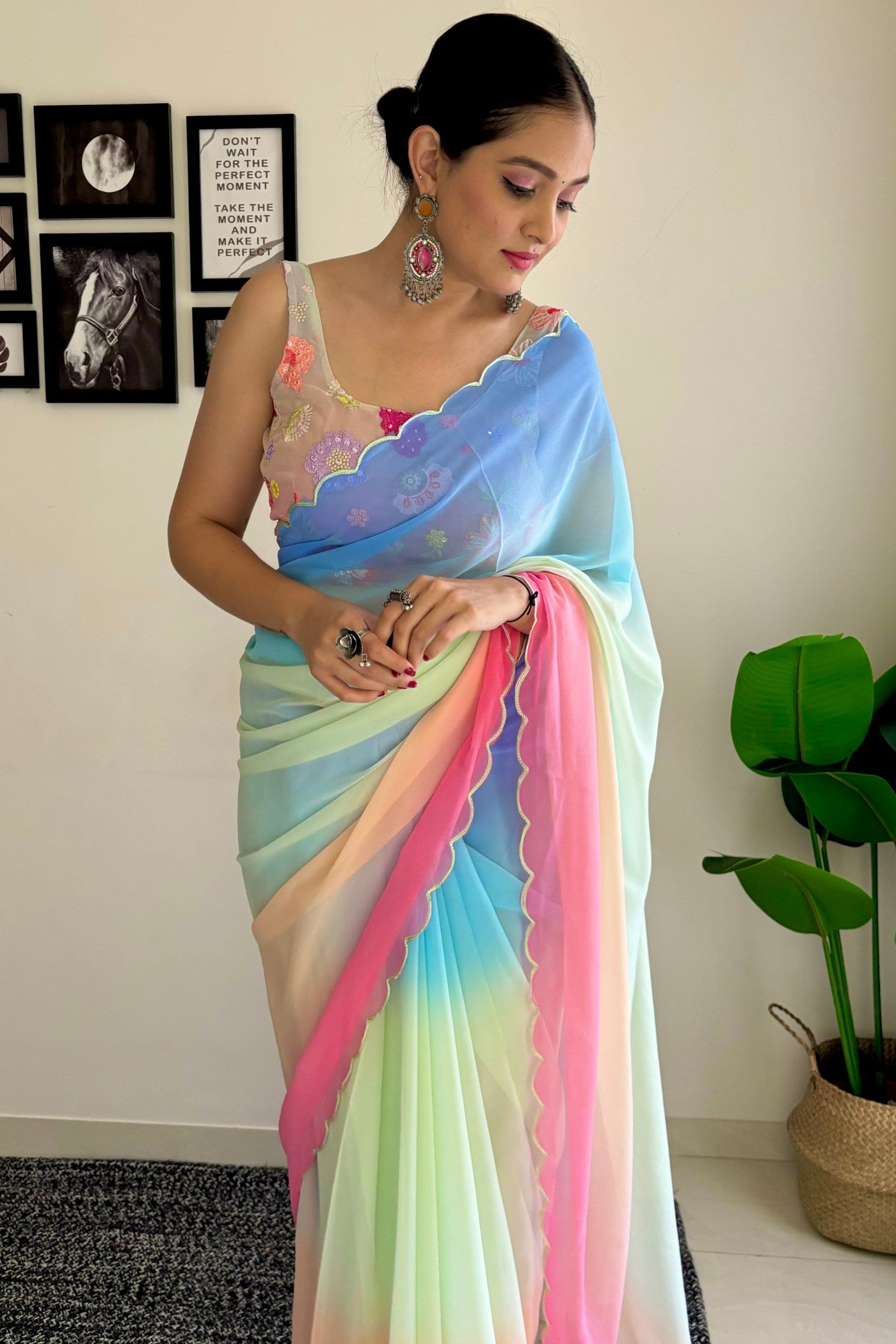 Buy MySilkLove Bloom Pink and Blue Georgette Saree Online