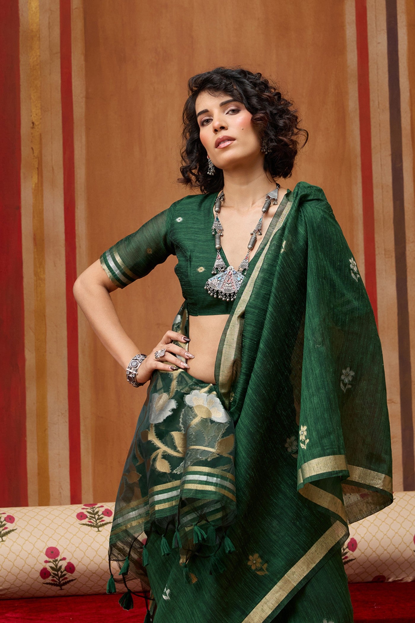 MySilkLove Dark Green Handloom Munga Cotton Saree