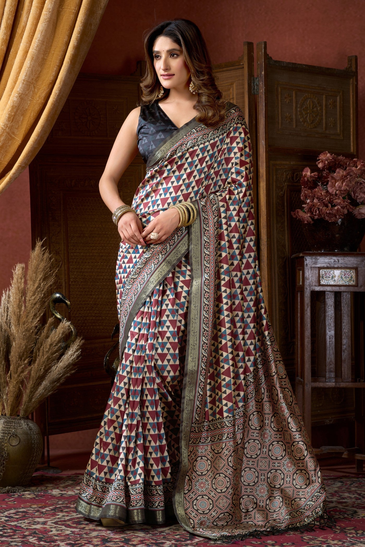 Buy MySilkLove Multicolor White Ajrakh Printed Saree Online