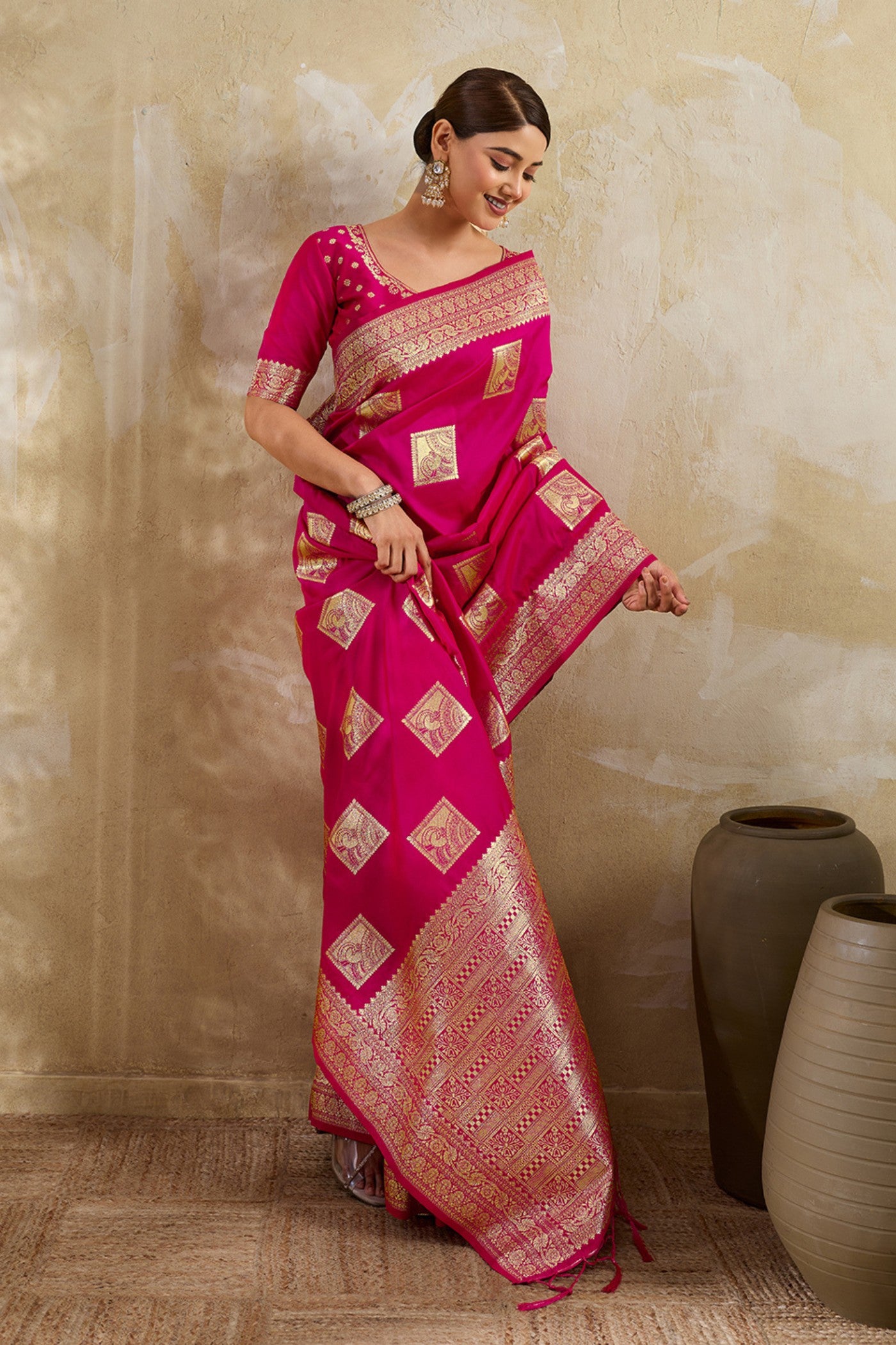 Buy MySilkLove Barbie Pink Woven Banarasi Soft Silk Saree Online