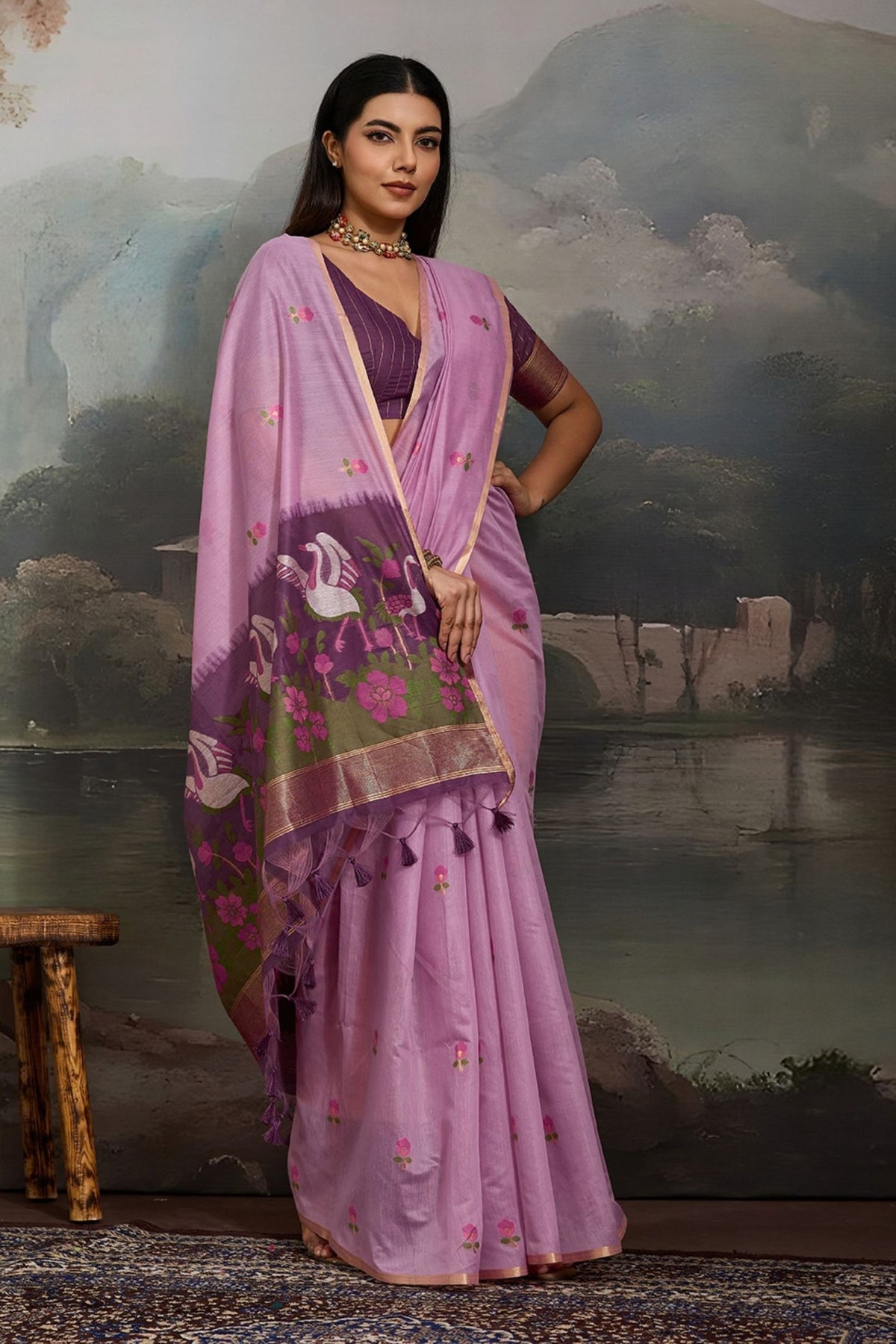 Buy MySilkLove Iris Purple Cotton Handloom Swan Saree Online