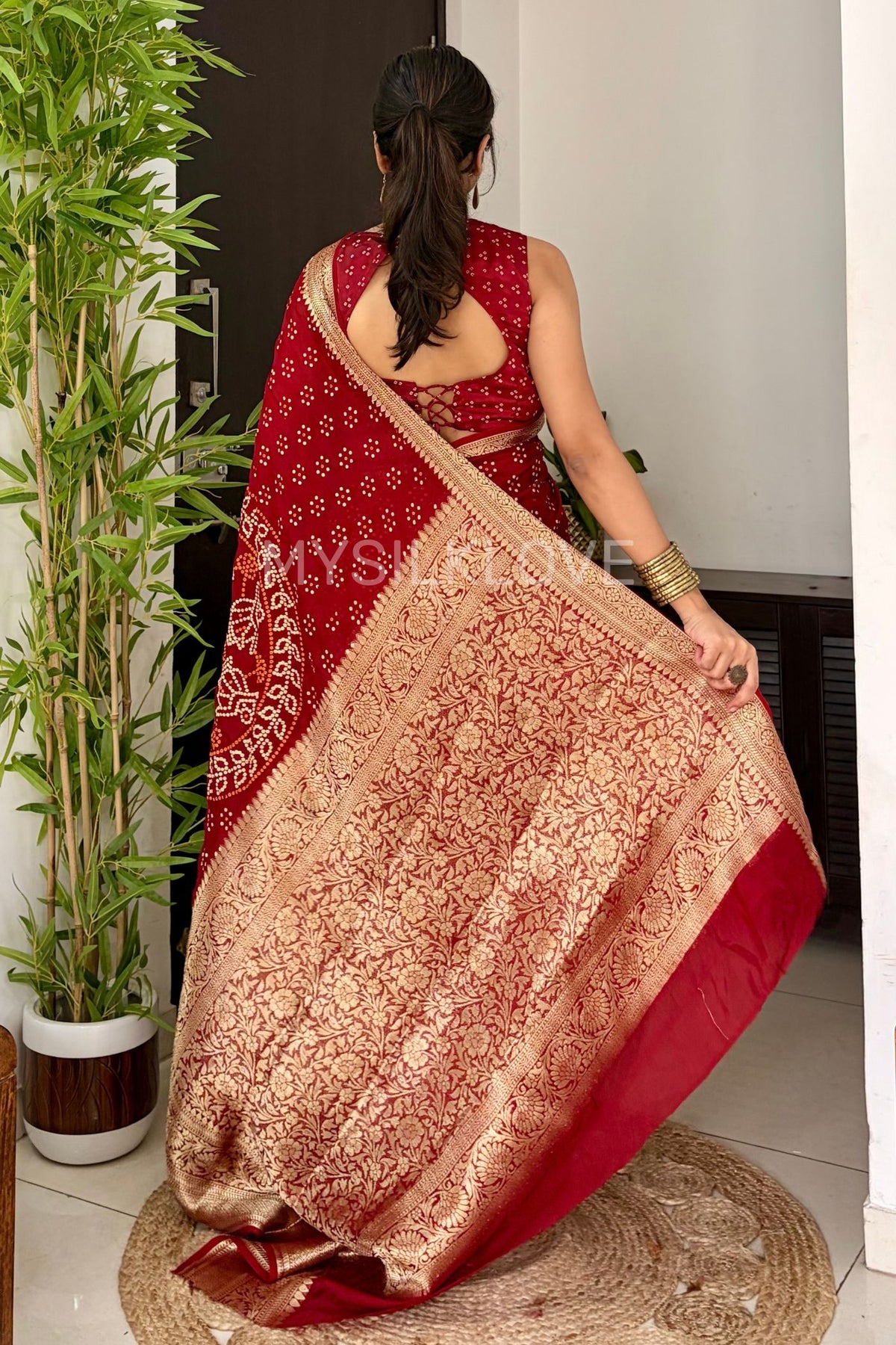 Buy MySilkLove Rust Red Bandhani Zari Woven Work Saree Online