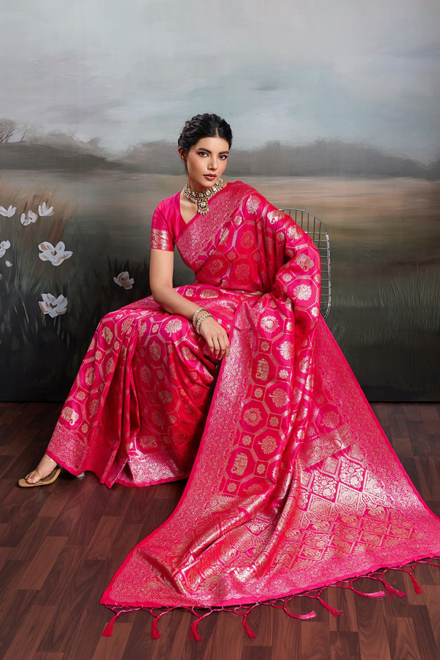 MySilkLove Pizzazz Pink Woven Banarasi Soft Silk Saree