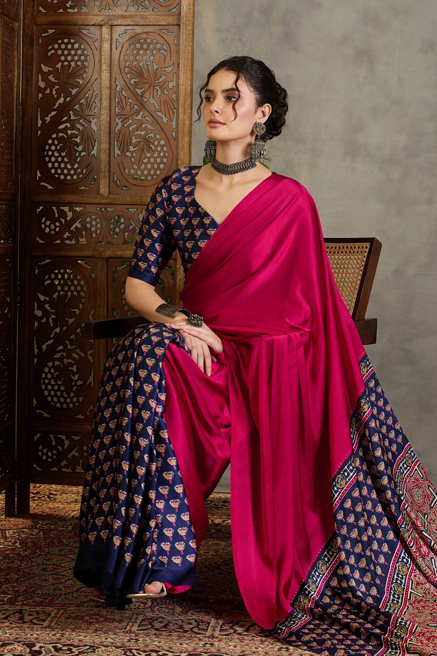 Buy MySilkLove Rose Pink and Blue Ajrakh Printed Satin Crepe Silk Saree Online