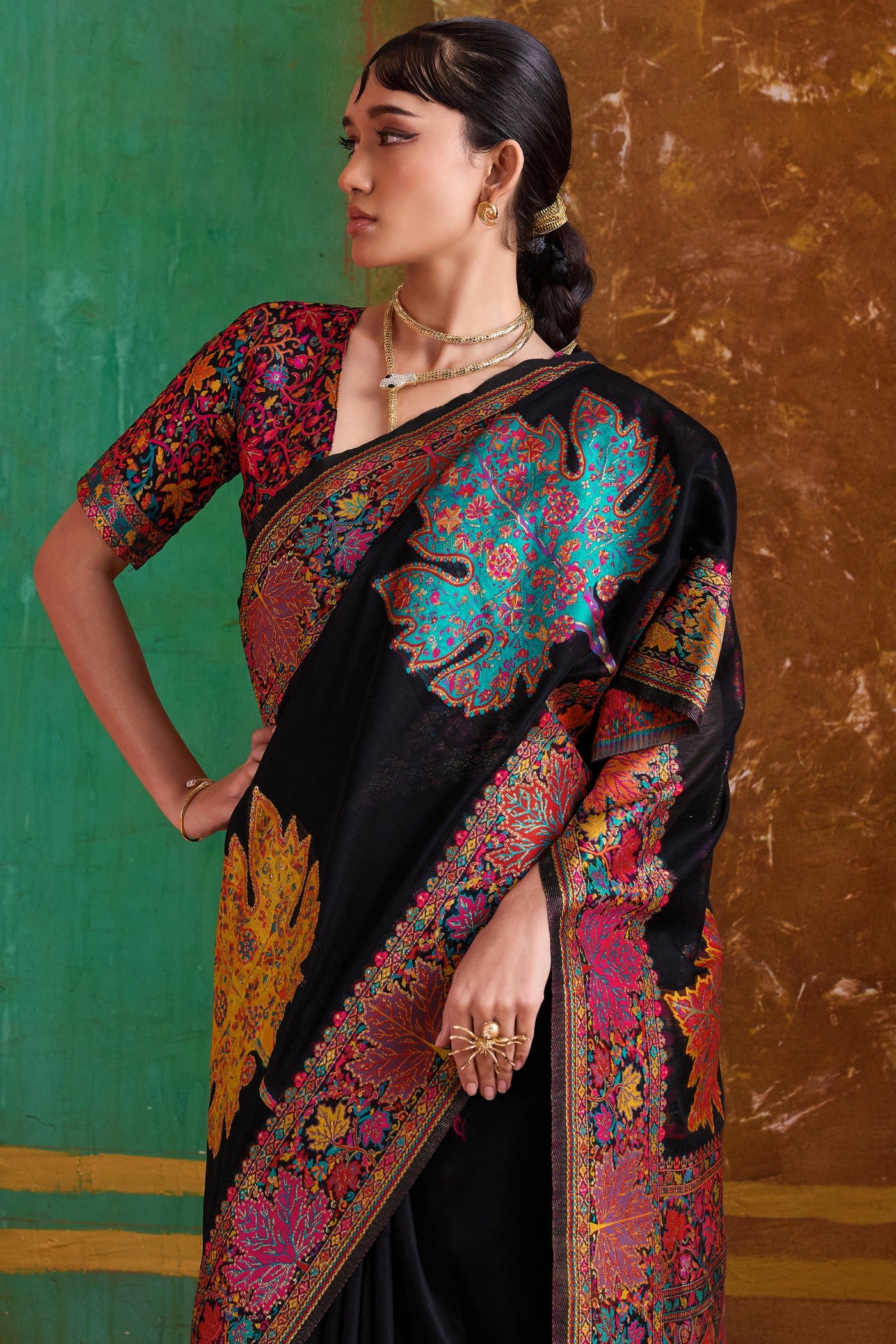 MySilkLove Dusky Black Kashmiri Handloom Jamewar Saree