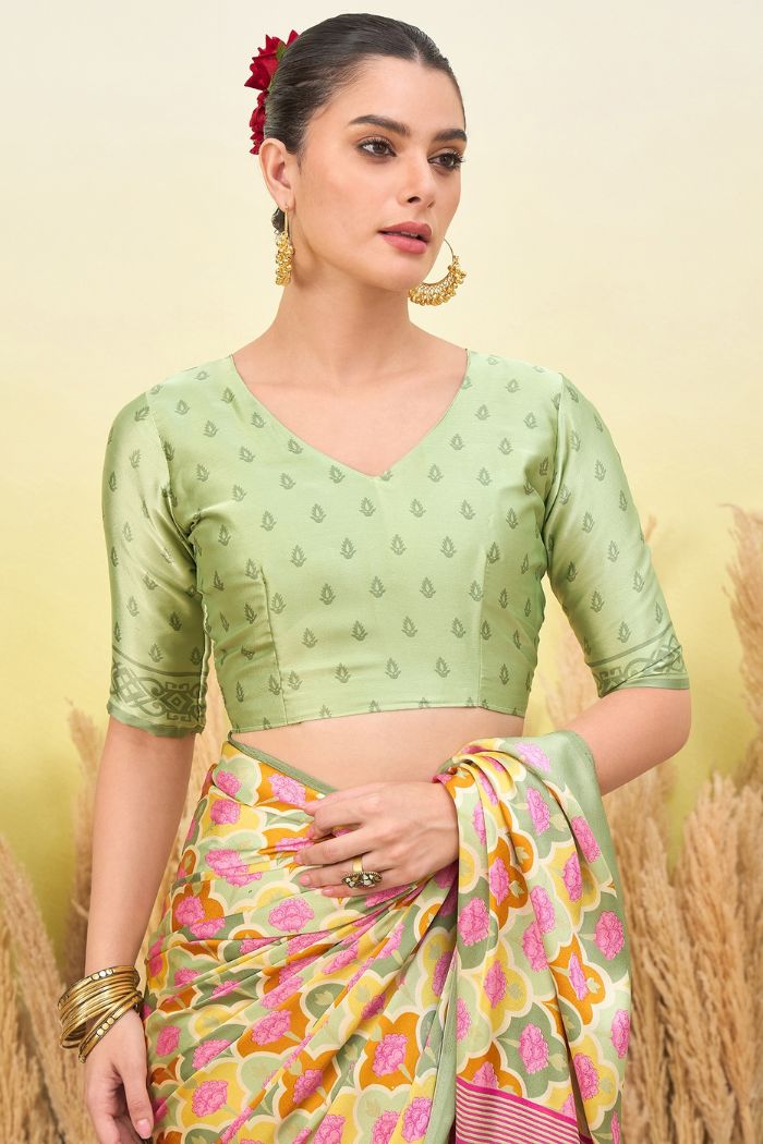 Buy MySilkLove Olive Green and Cream Modal Satin Printed Silk Saree Online