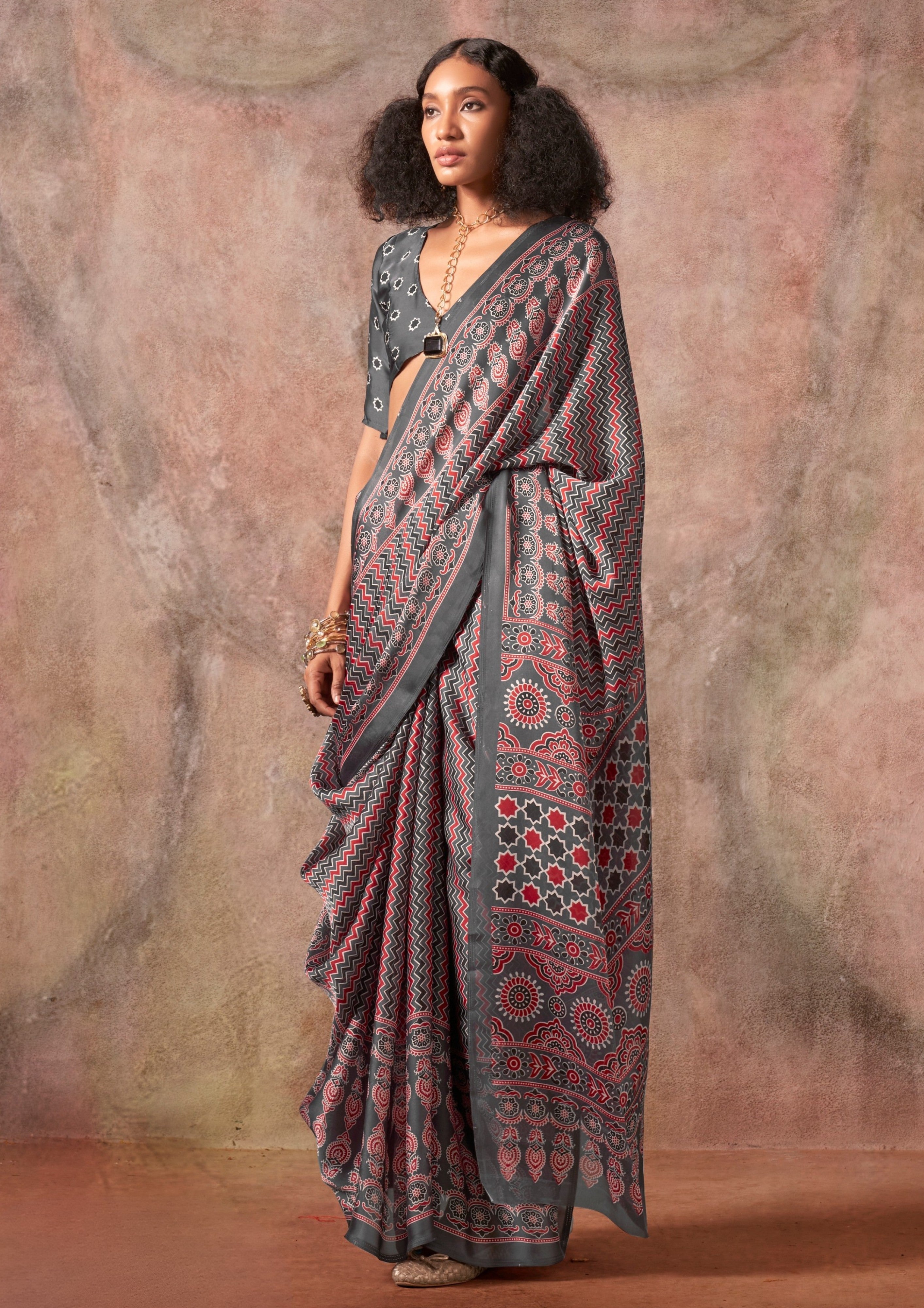 Buy MySilkLove Taupe Grey Ajrakh Printed Satin Georgette Silk Saree Online