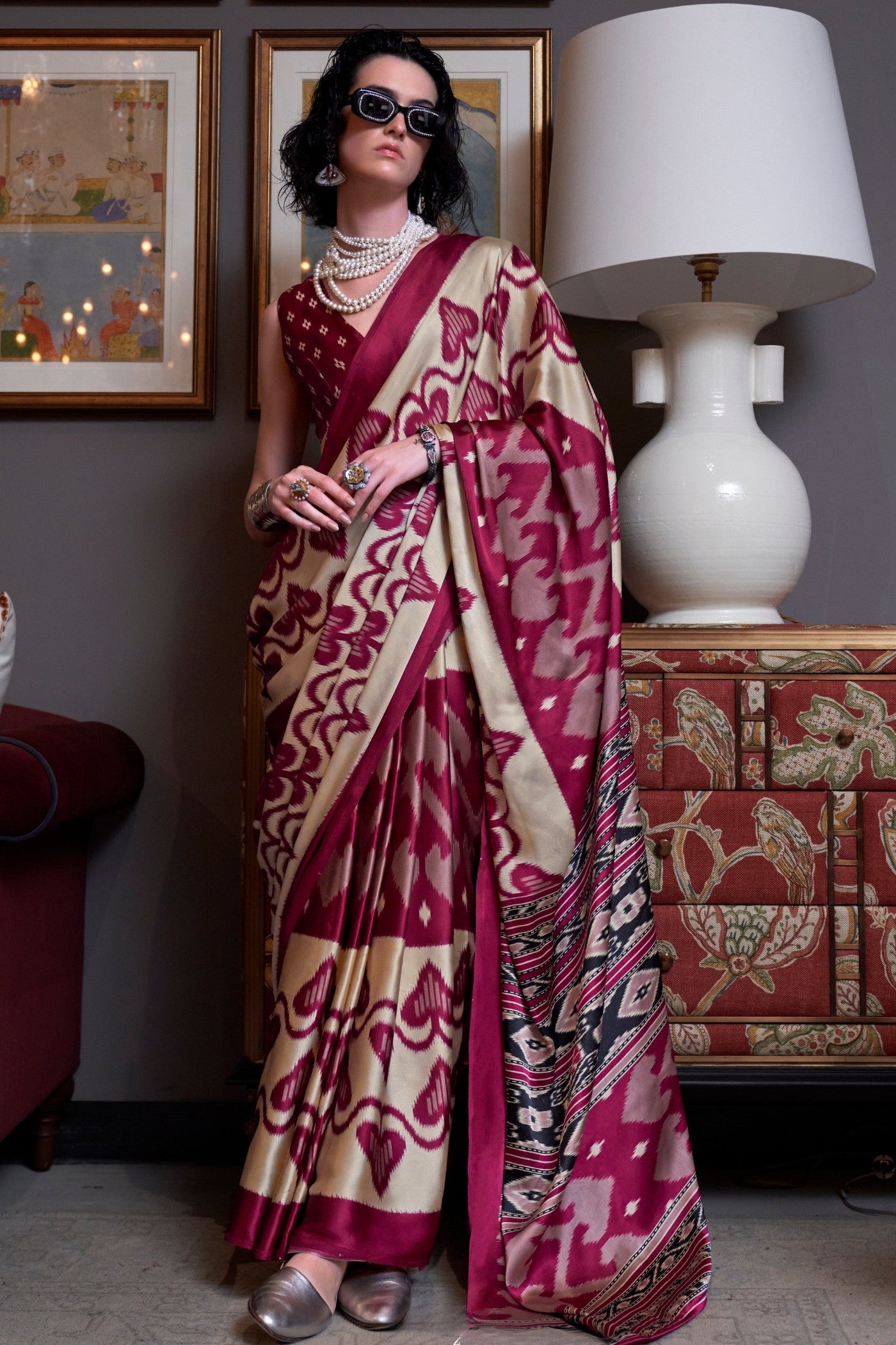 Buy MySilkLove Aesthetic Maroon Patola Printed Satin Crepe Saree Online