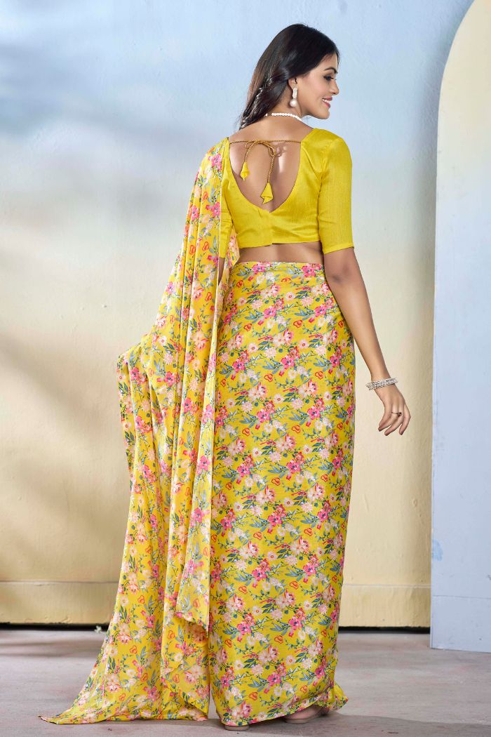 Buy MySilkLove Hazel Yellow Ready To Wear Georgette Saree Online