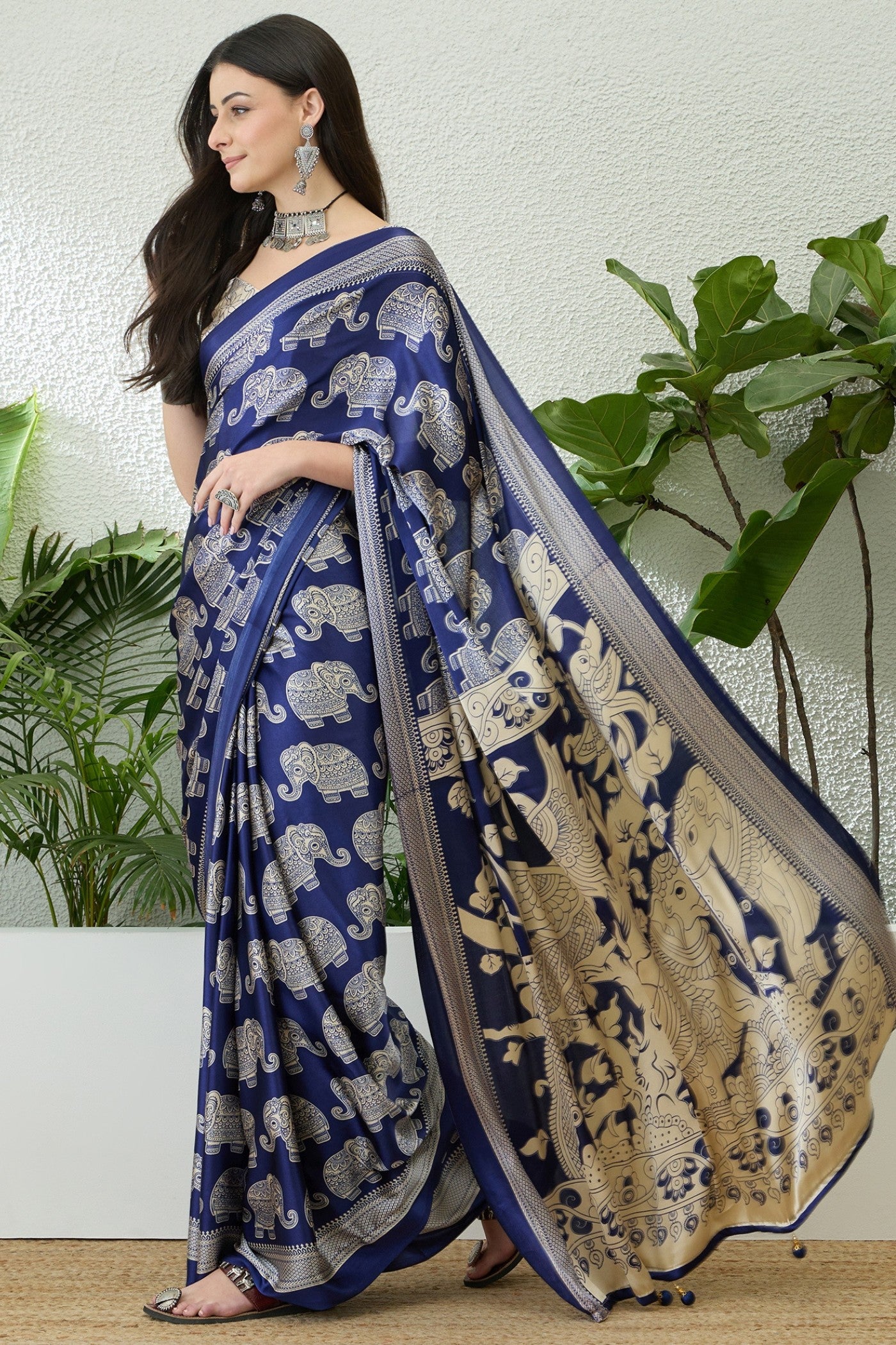 Buy MySilkLove Baby Blue Ajrakh Printed Satin Crepe Silk Saree Online