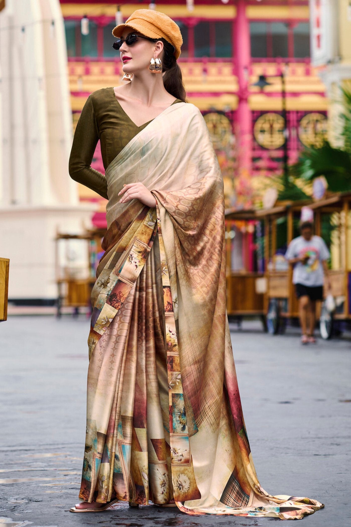 Buy MySilkLove Teak Brown Printed Satin Crepe Silk Saree Online