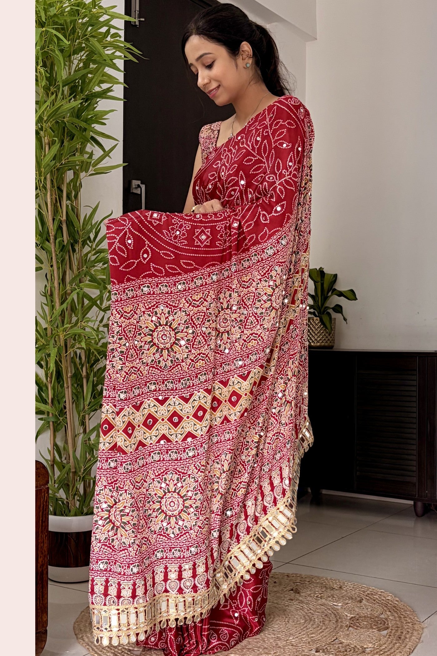 Buy MySilkLove Bittersweet Red Modal Ajrakh Satin Printed Mirror Work Saree Online