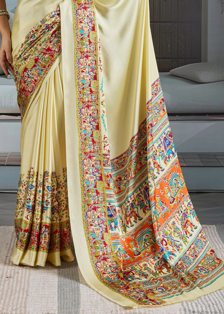 Buy MySilkLove Nacreous Cream Printed Satin Crepe Silk Saree Online