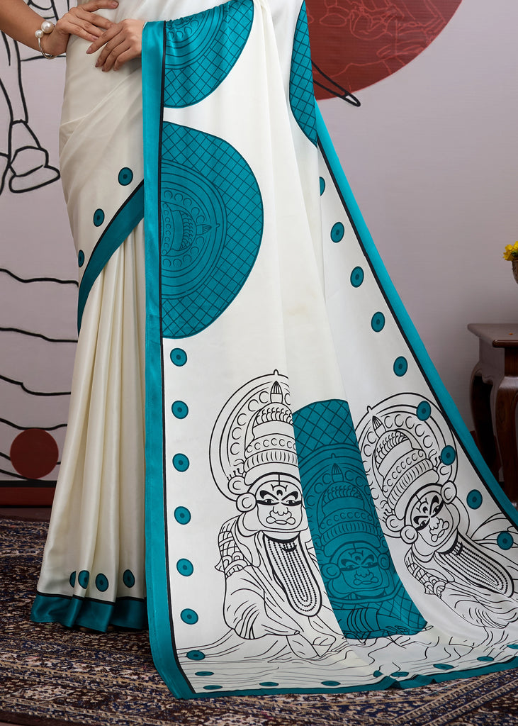 Buy MySilkLove Steel Blue and White Printed Satin Crepe Silk Saree Online