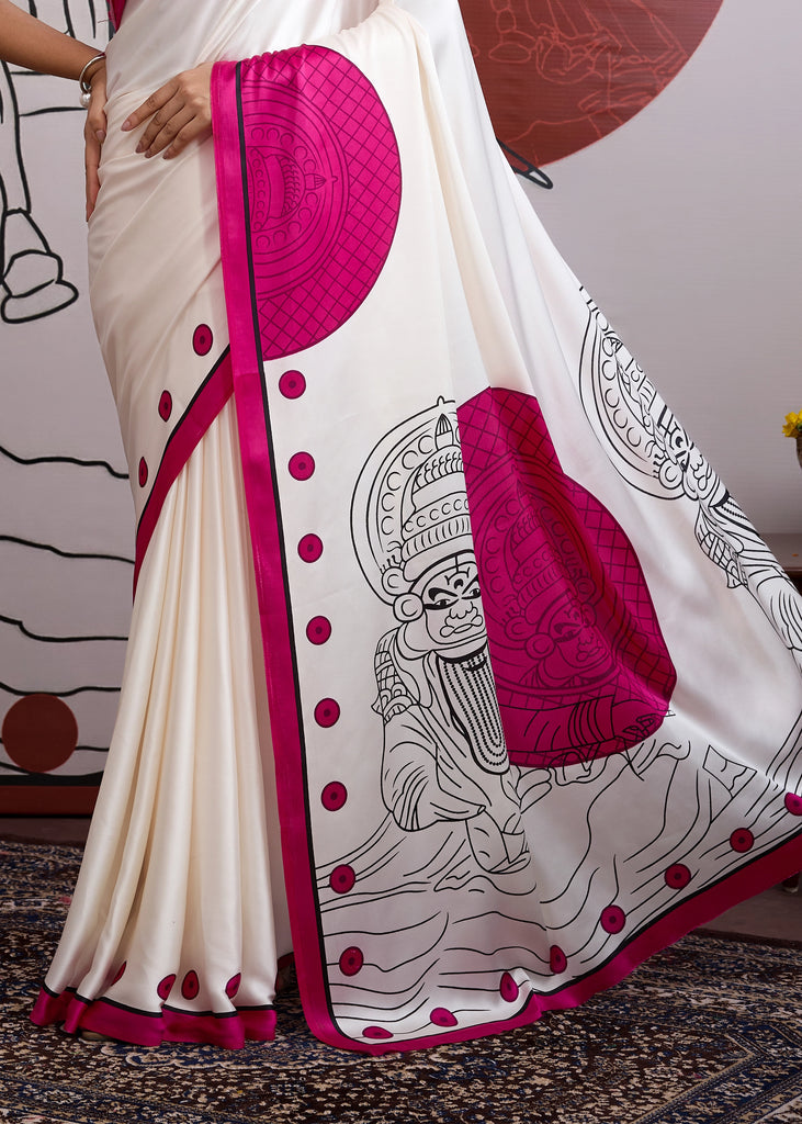 Buy MySilkLove Ultra Pink and White Printed Satin Crepe Silk Saree Online