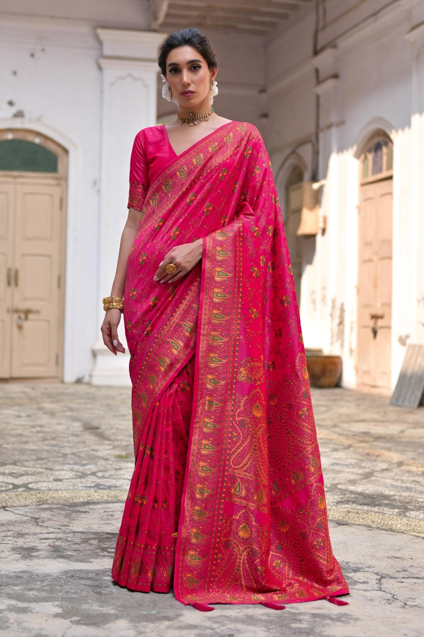 Buy MySilkLove Amaranth Pink Woven Pashmina Silk Saree Online