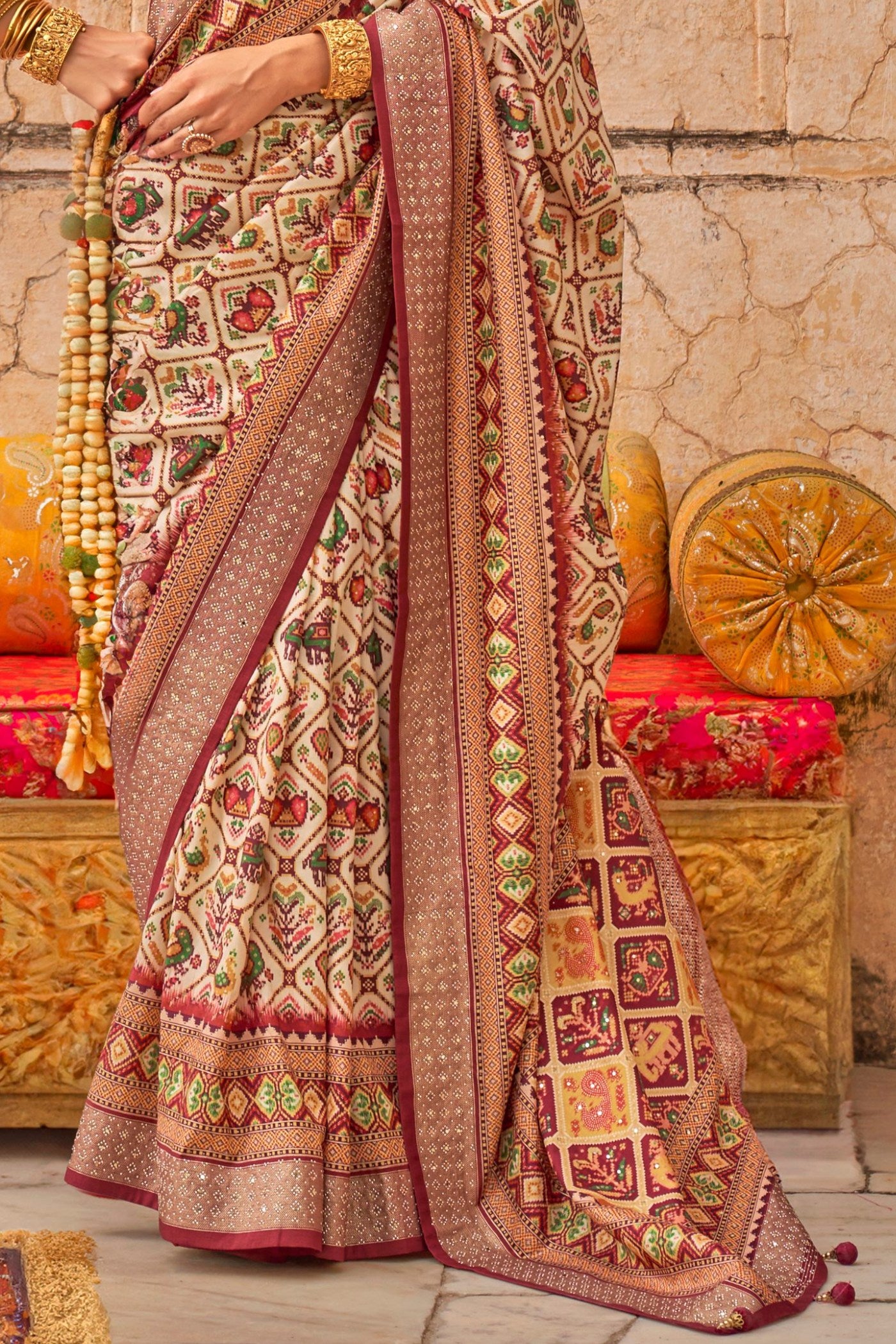 Buy MySilkLove Rice Cream Printed Patola Saree Online