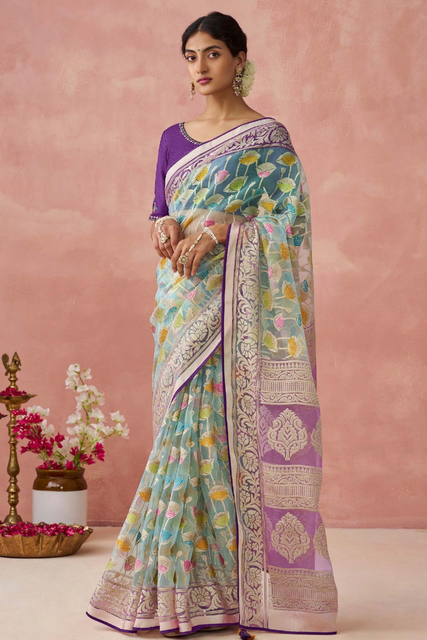 Buy MySilkLove Mantle Green Brasso Organza Printed Saree Online