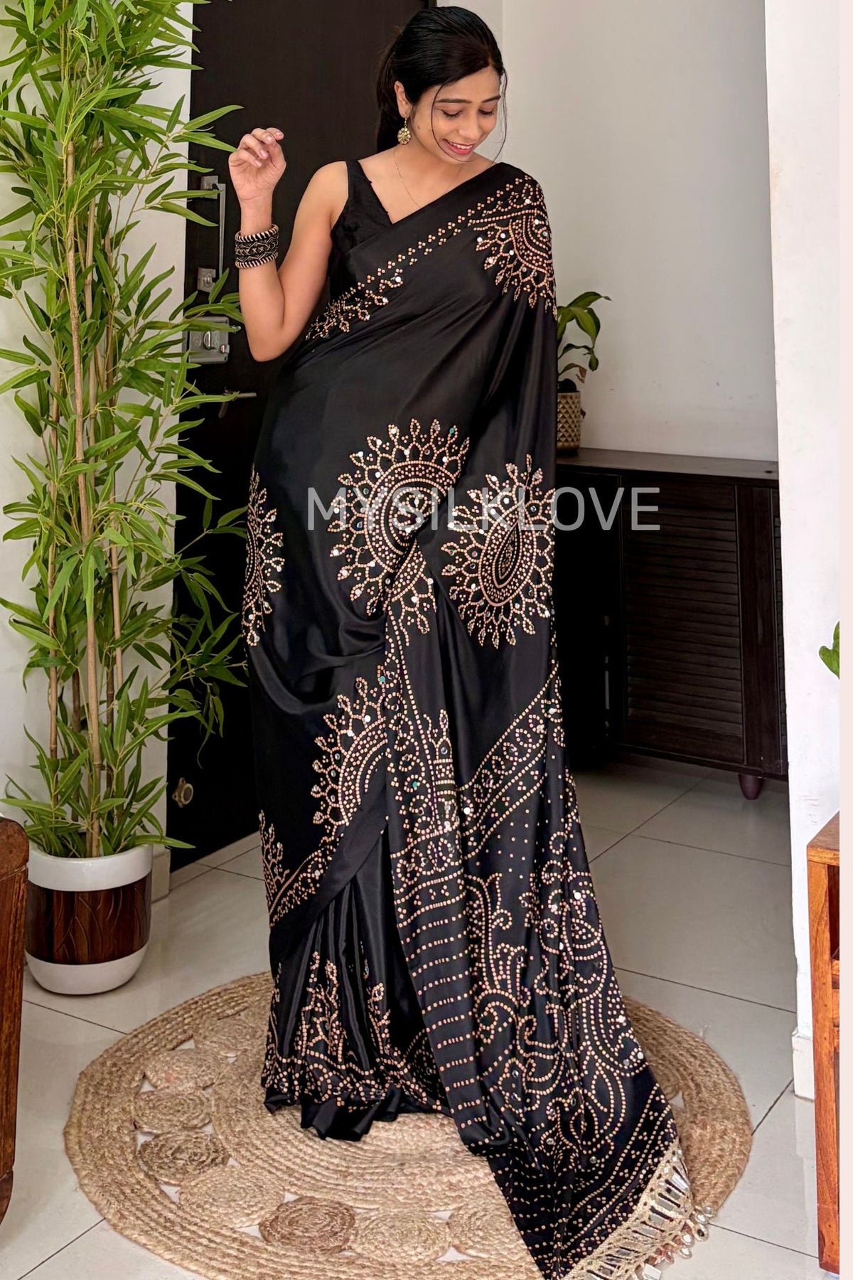 Buy MySilkLove Black Bean Bandhani Gaji Satin Mirror Work Silk Crepe Saree Online