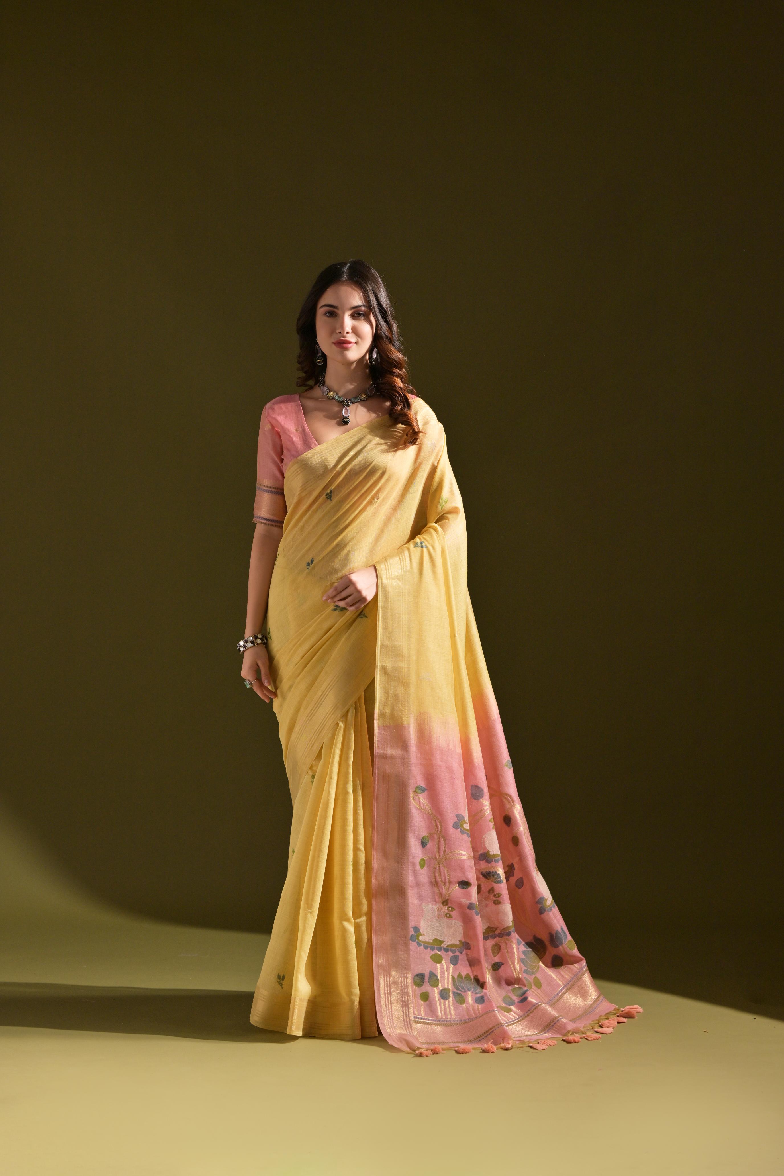 Buy MySilkLove Marigold Yellow Woven Muga Cotton Saree Online