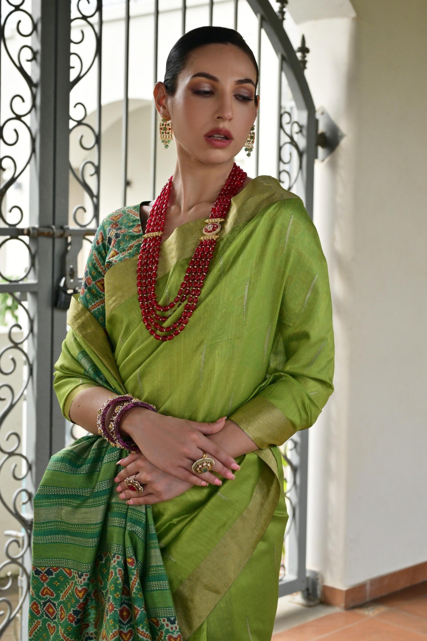 Buy MySilkLove Shamrock Green Meenakari Woven Patola Saree Online