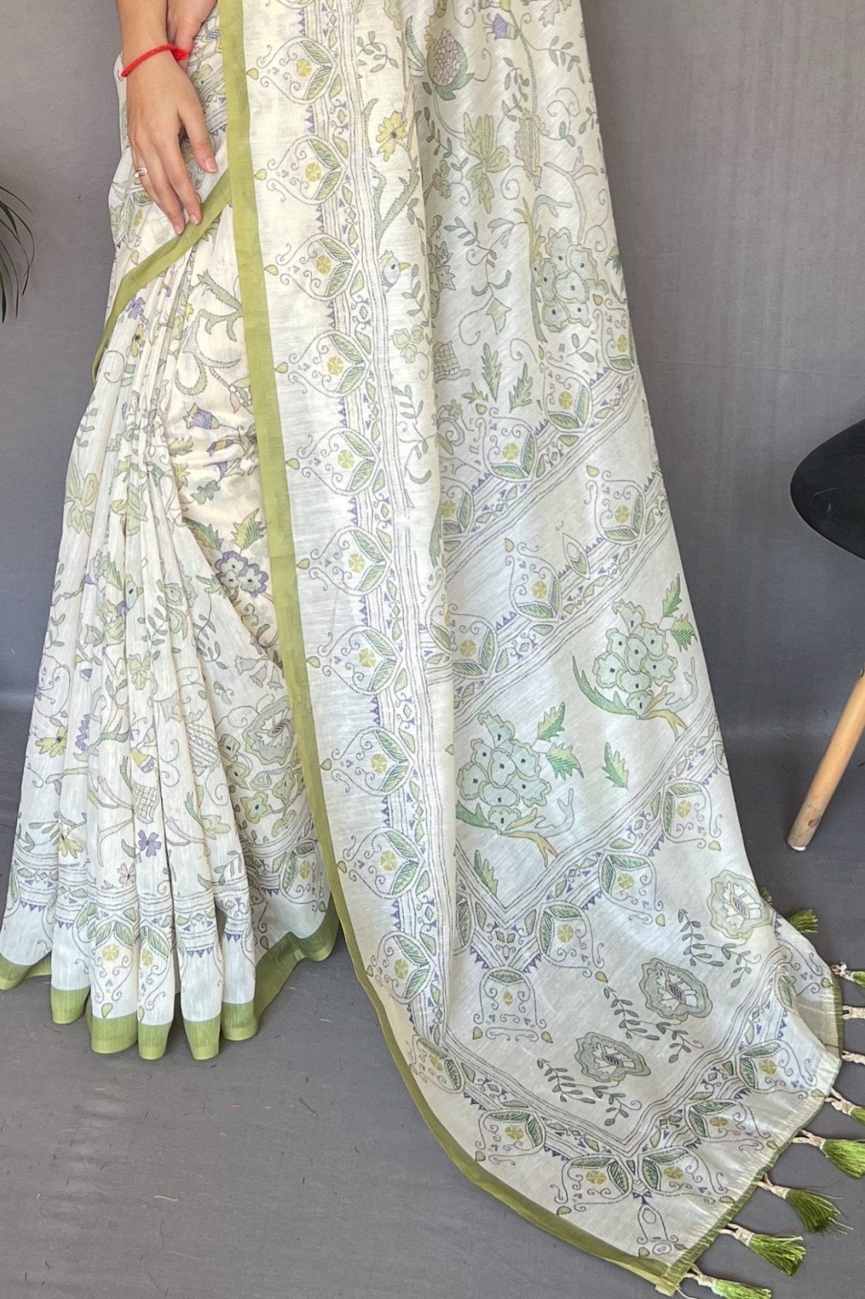 Buy MySilkLove Pista Green and White Printed Cotton Saree Online