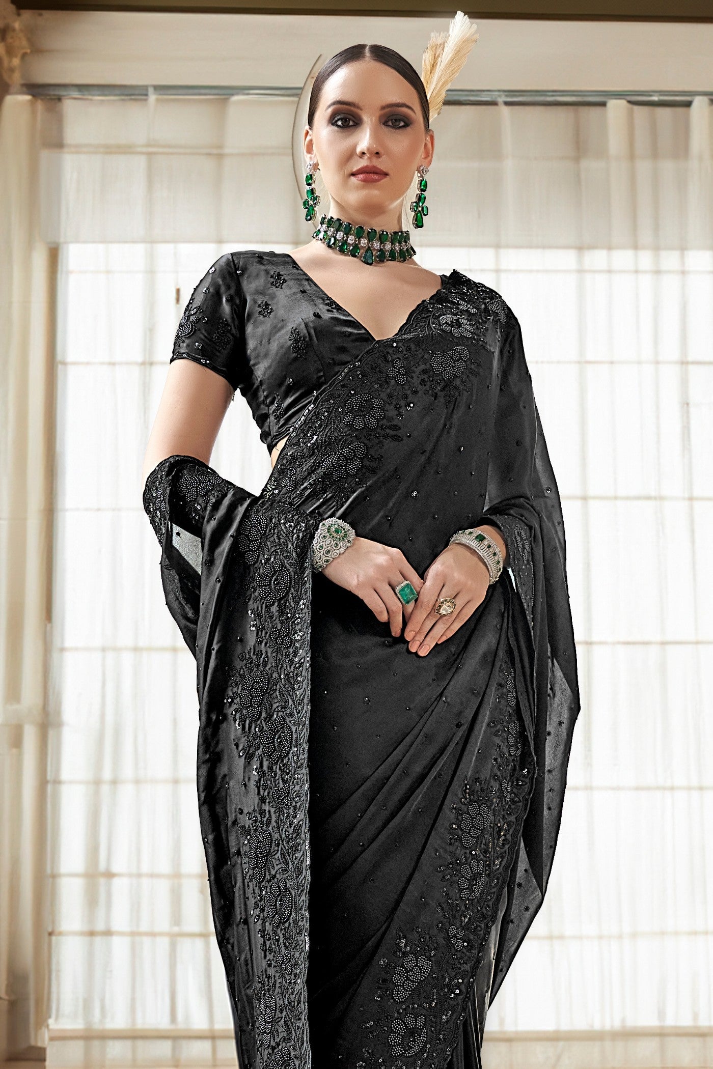 Buy MySilkLove Shark Black Embroidery Designer Saree Online