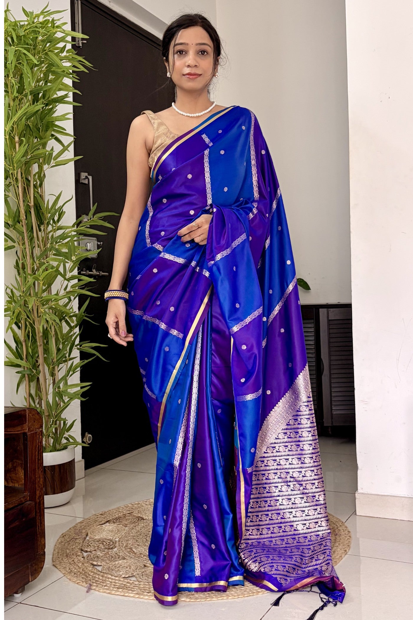 Buy MySilkLove Dark Blue Handloom Rangkat Banarasi Satin Silk Saree Online