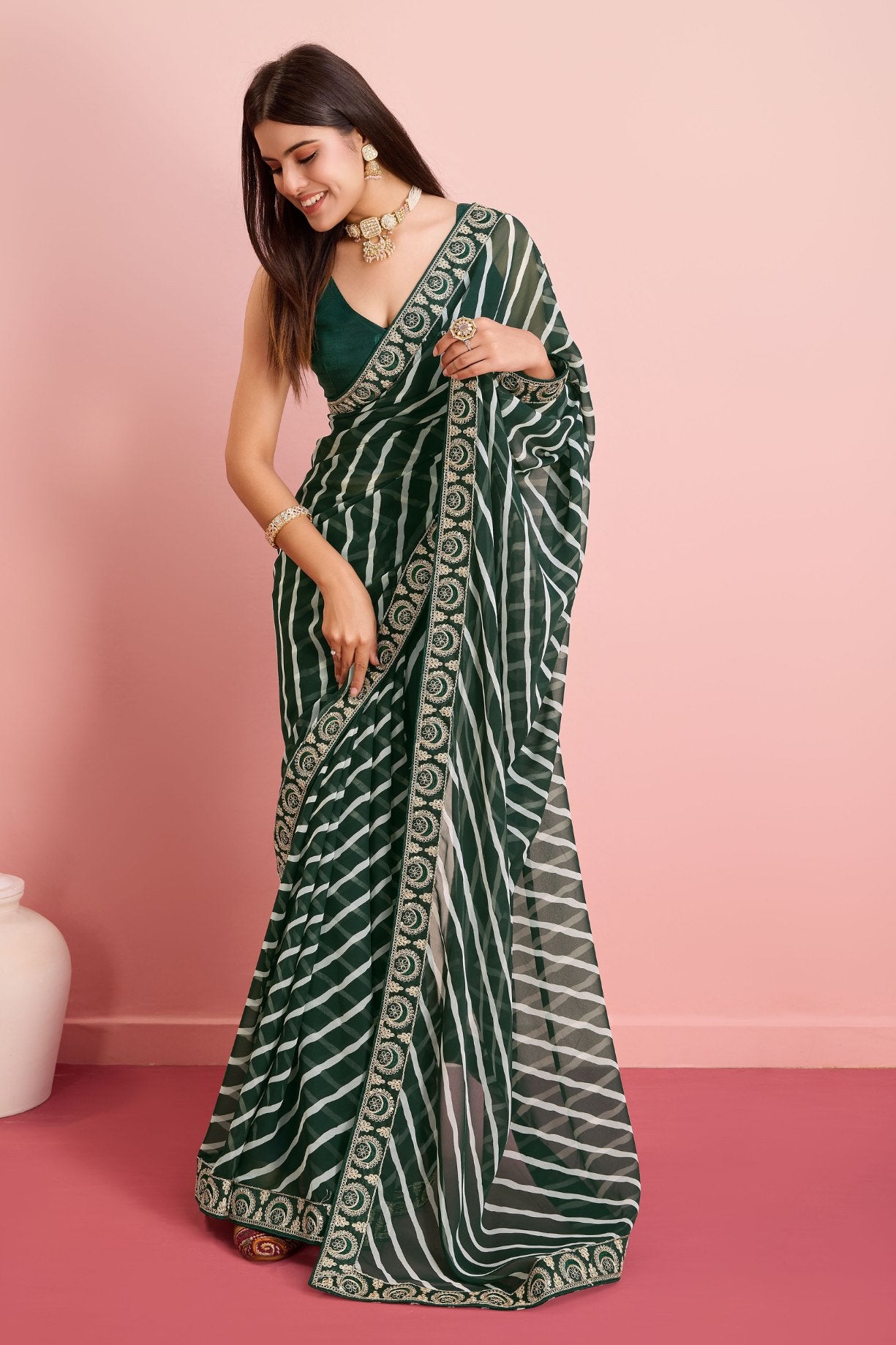 Buy MySilkLove Cape Cod Green Georgette Lehriya Silk saree Online