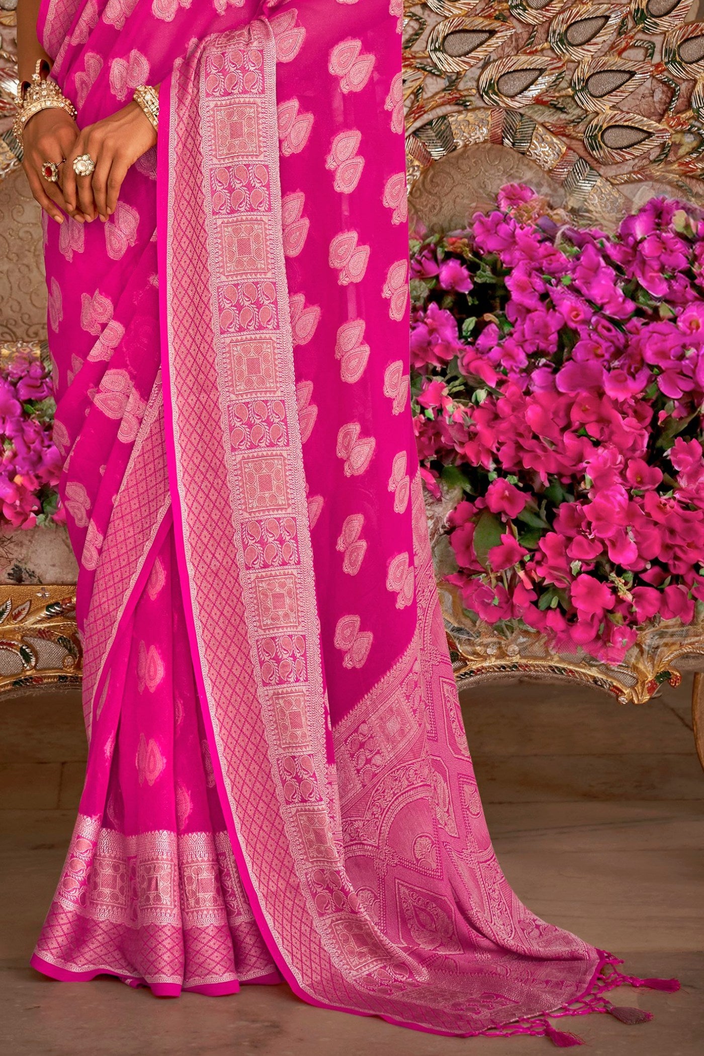 Buy MySilkLove French Rose Pink Zari Woven Georgette Saree Online