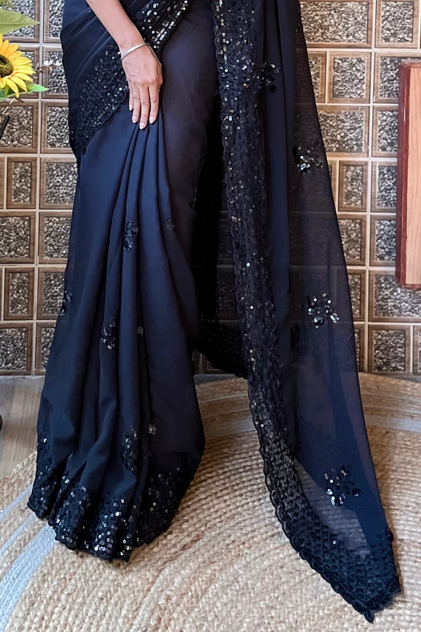 Buy MySilkLove Persian Lily Black Embroidery Georgette saree Online