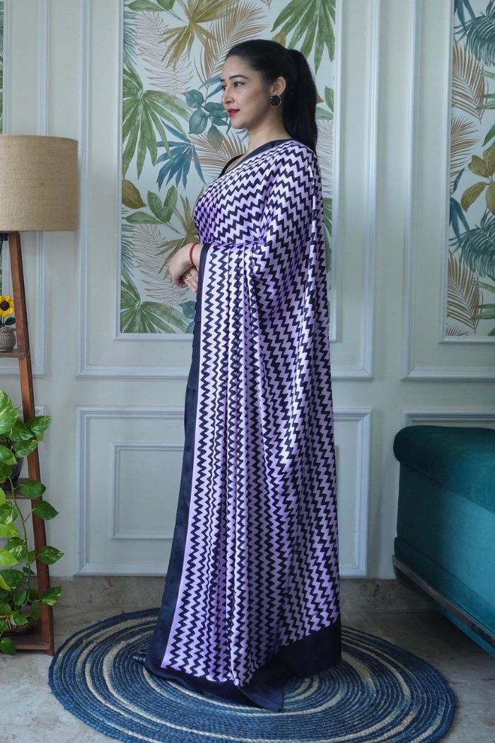 Buy MySilkLove Lilac Purple Printed Satin Crepe Silk Saree Online