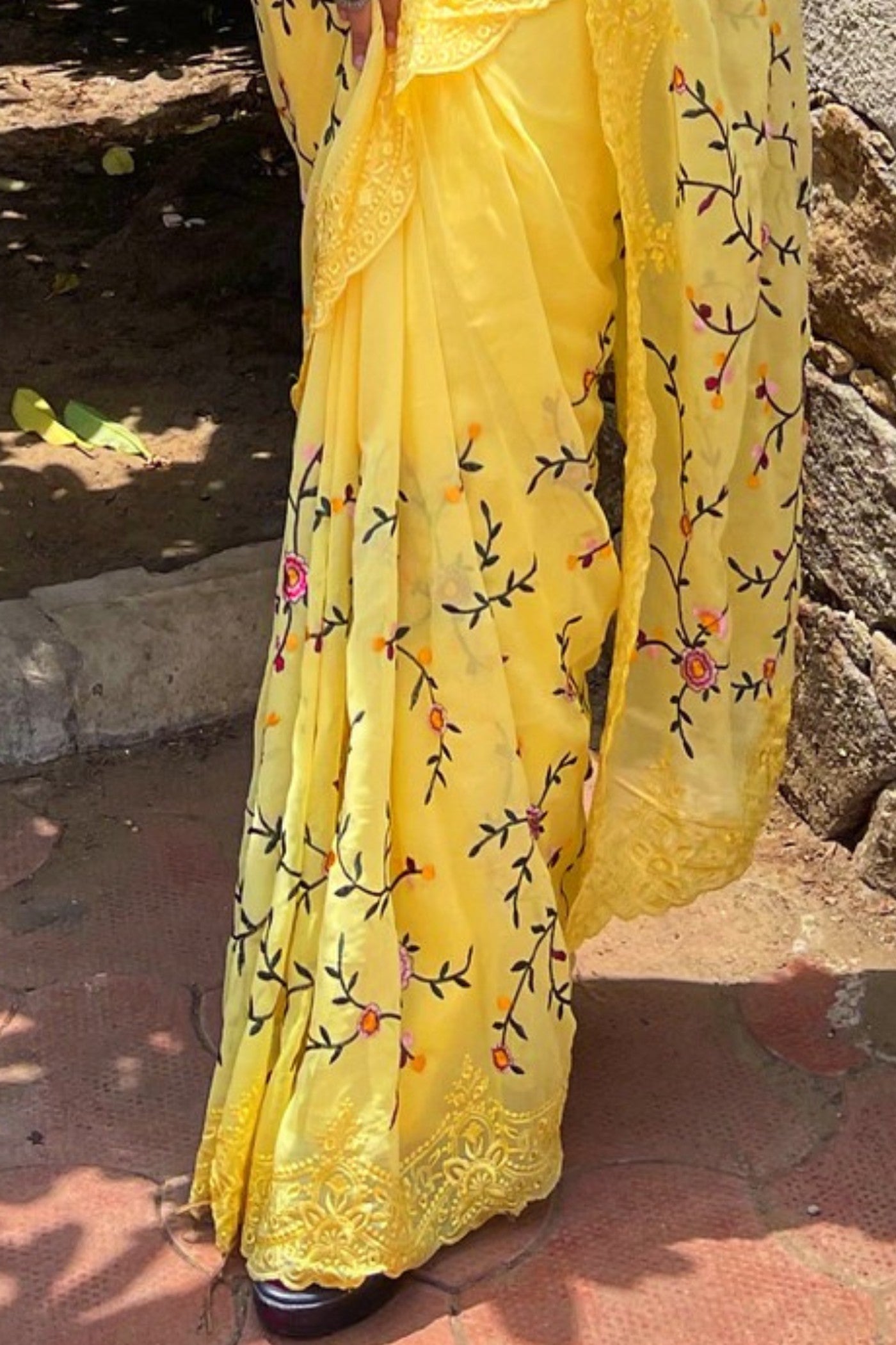 Buy MySilkLove Zest Yellow Embroidered Georgette Saree Online