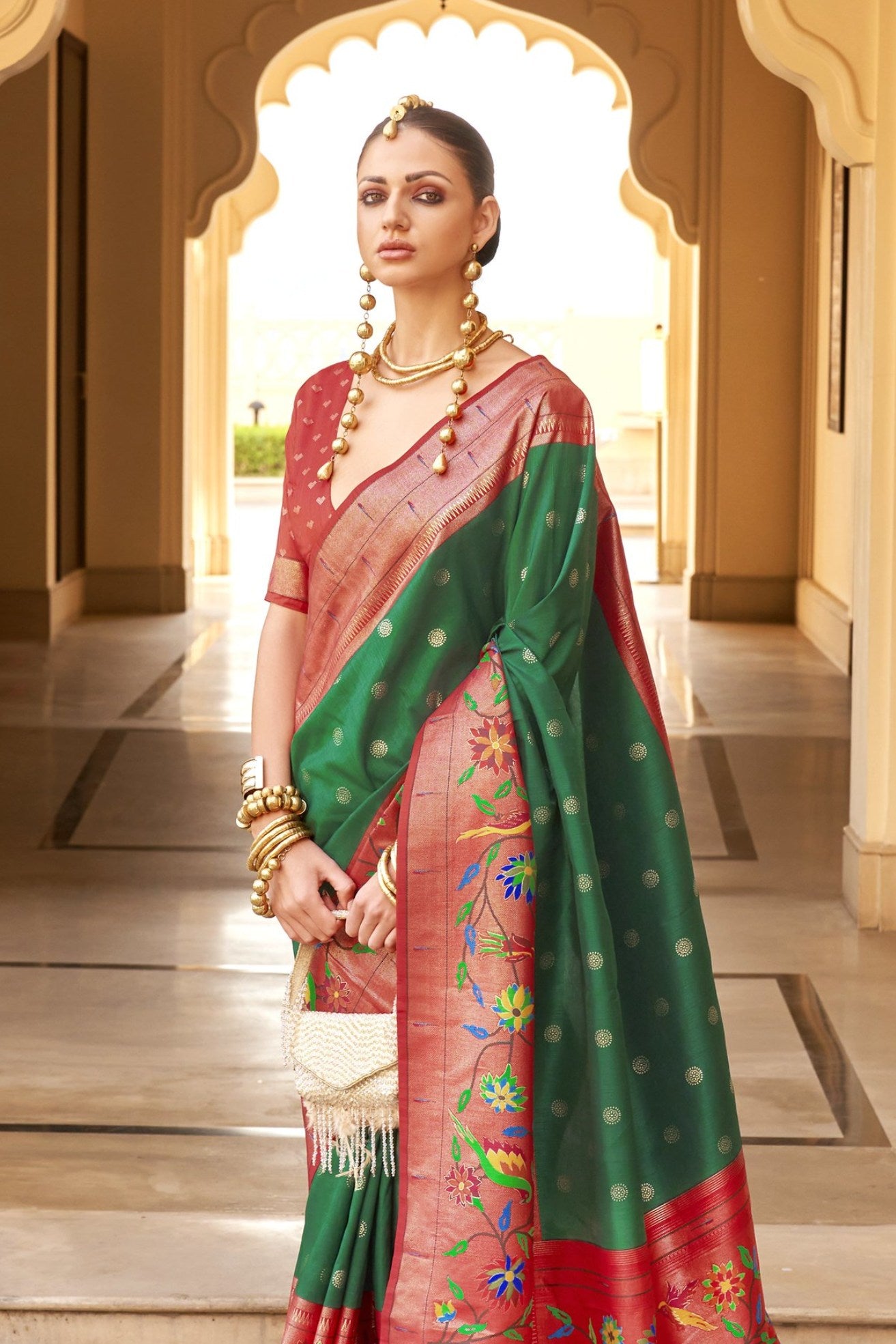 Buy MySilkLove Forewst Green and Red Woven Paithani Designer Saree Online