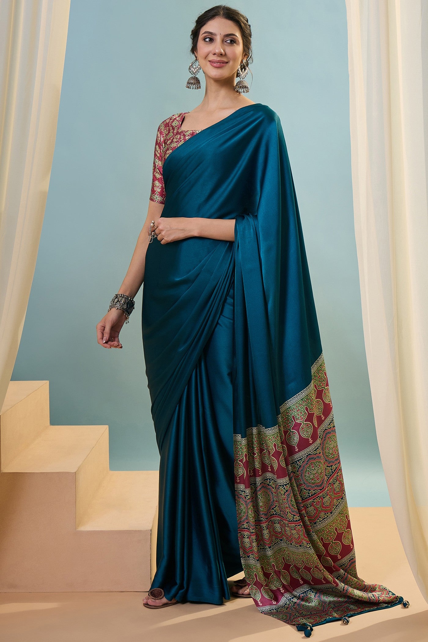 Buy MySilkLove Arcane Blue Ajrakh Printed Satin Crepe Silk Saree Online