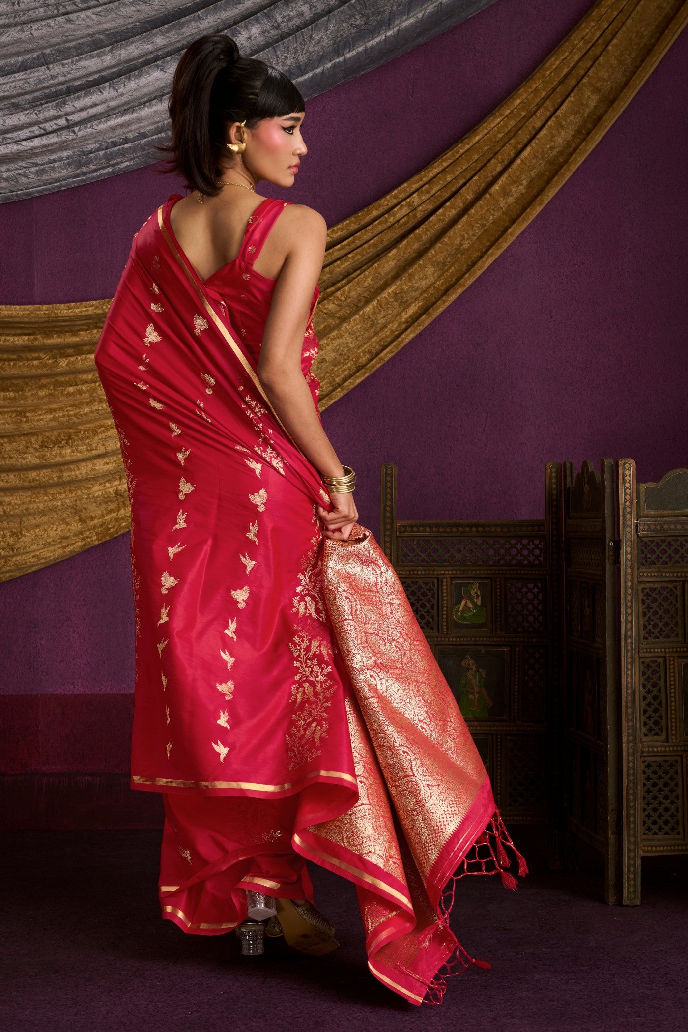 Buy MySilkLove Tomato Red Handloom Satin Silk Saree Online