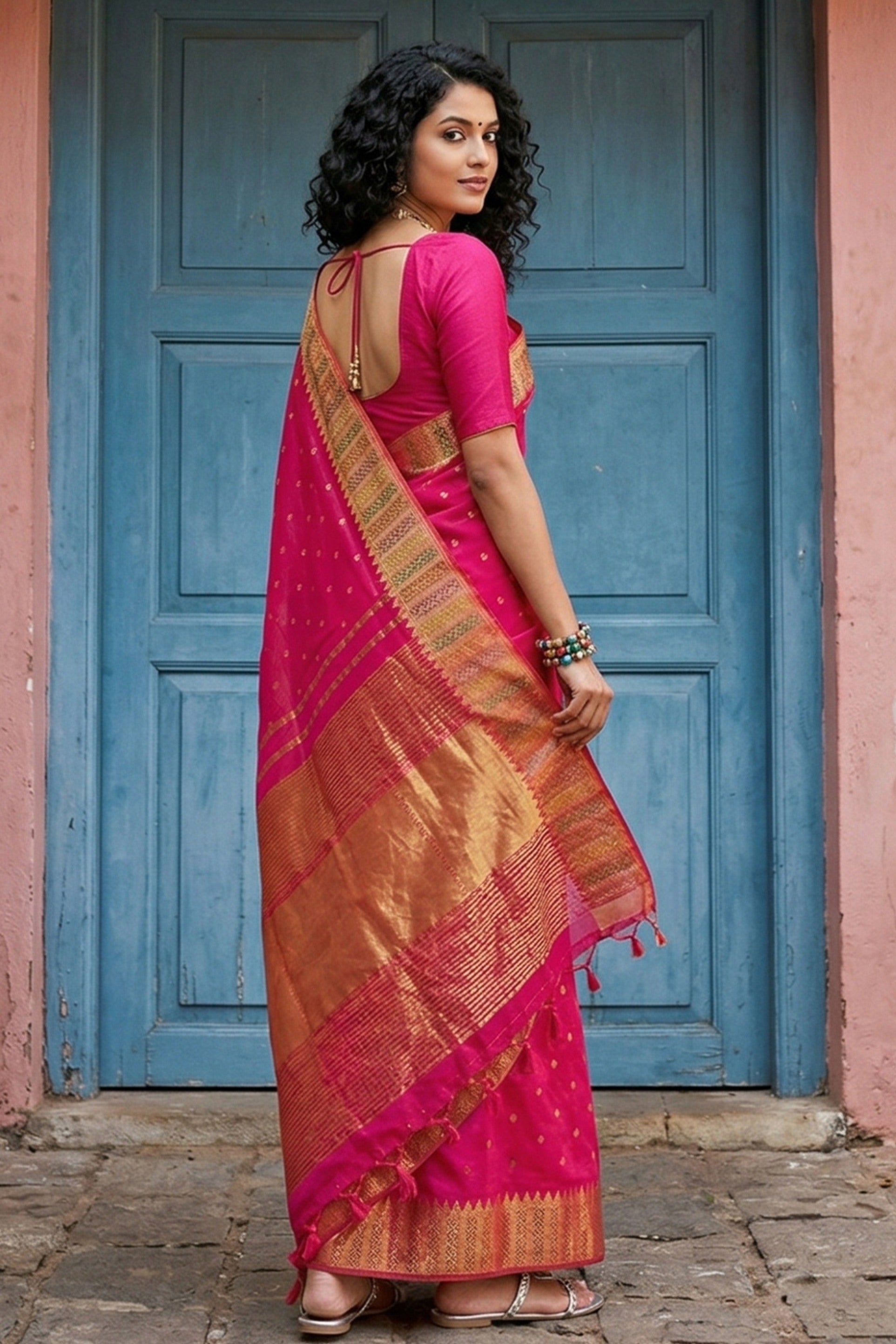 Buy MySilkLove Fuchsia Pink Woven Banarasi Silk Saree Online