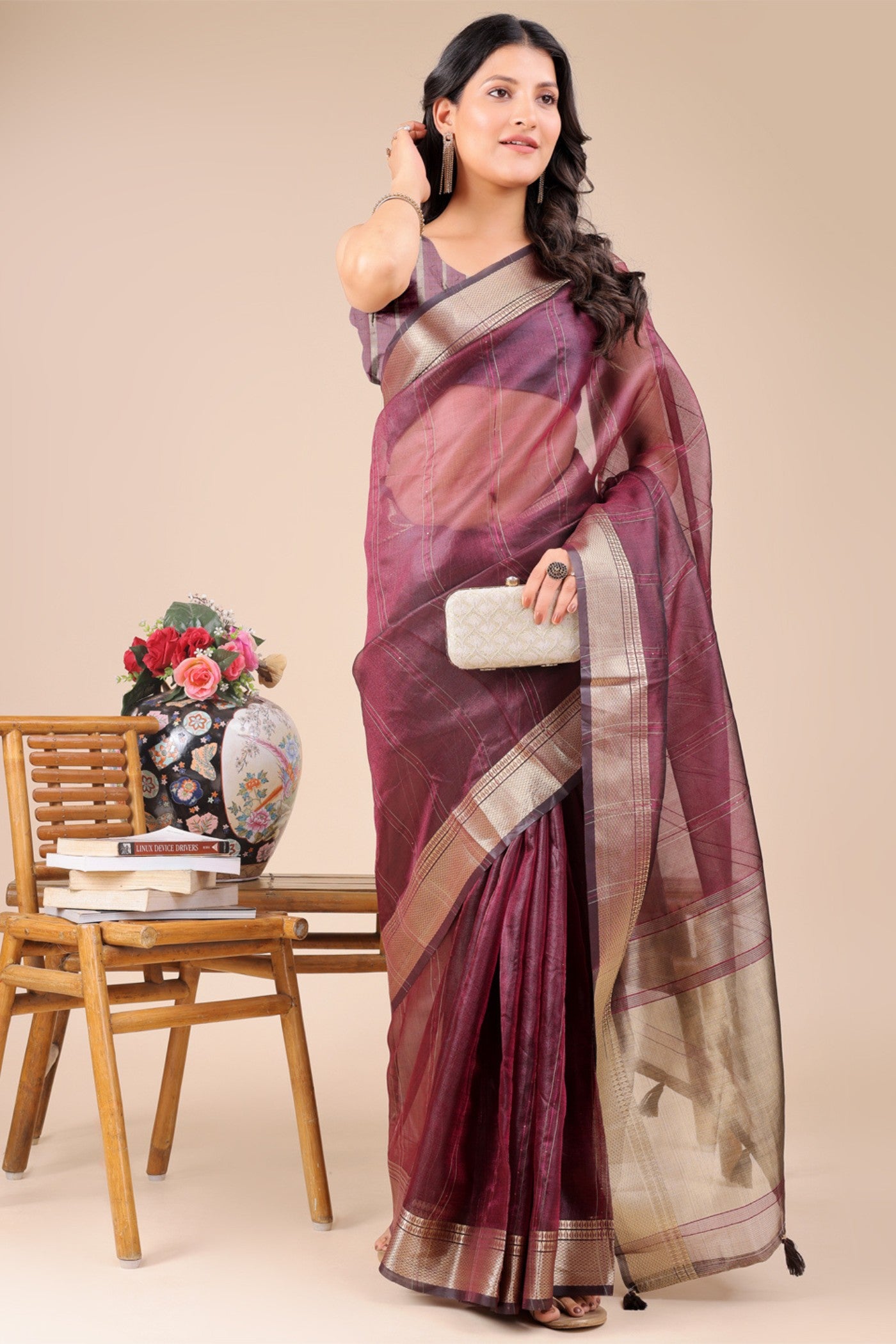 Buy MySilkLove Plum Purple Woven Organza Saree Online