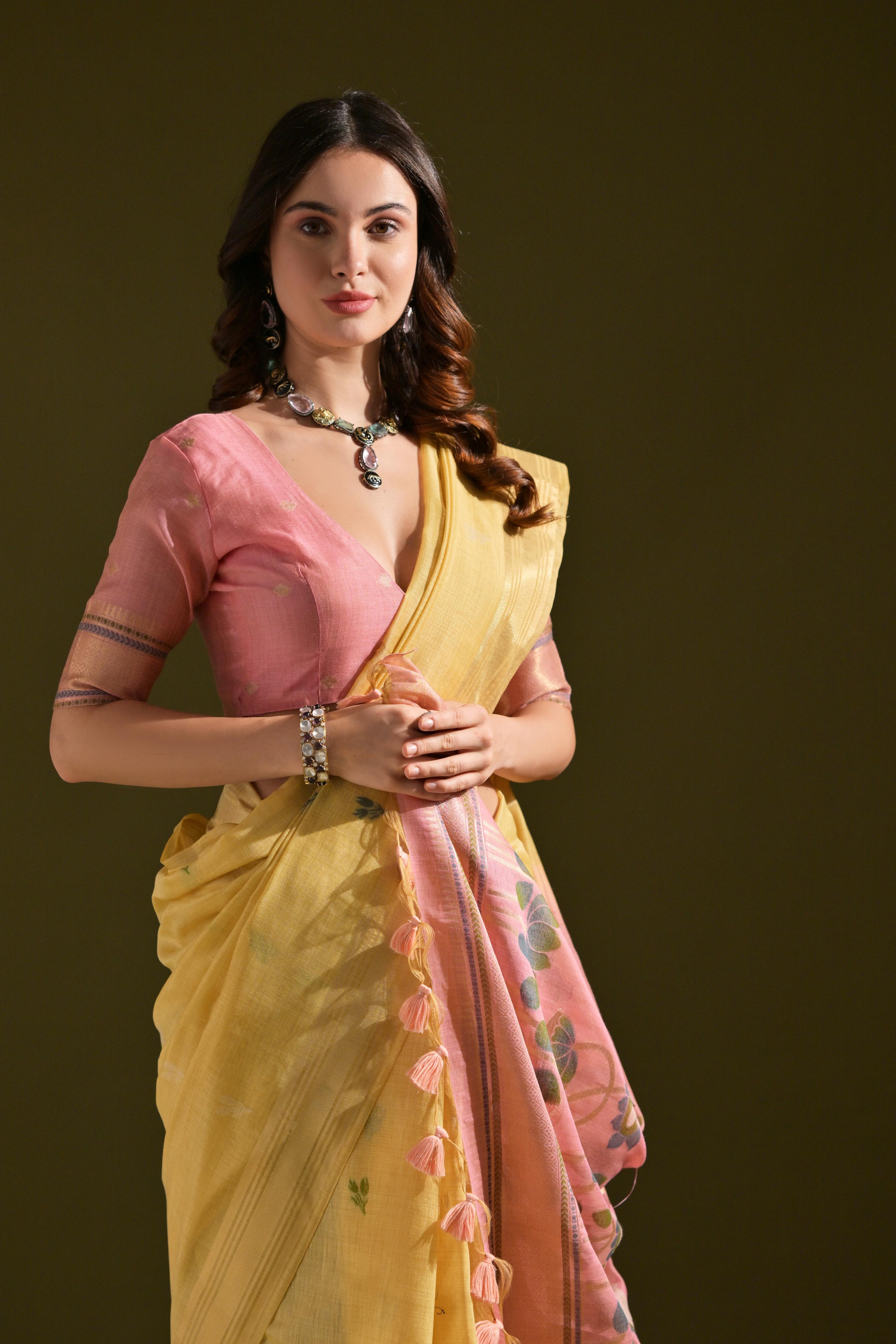 MySilkLove Marigold Yellow Woven Muga Cotton Saree