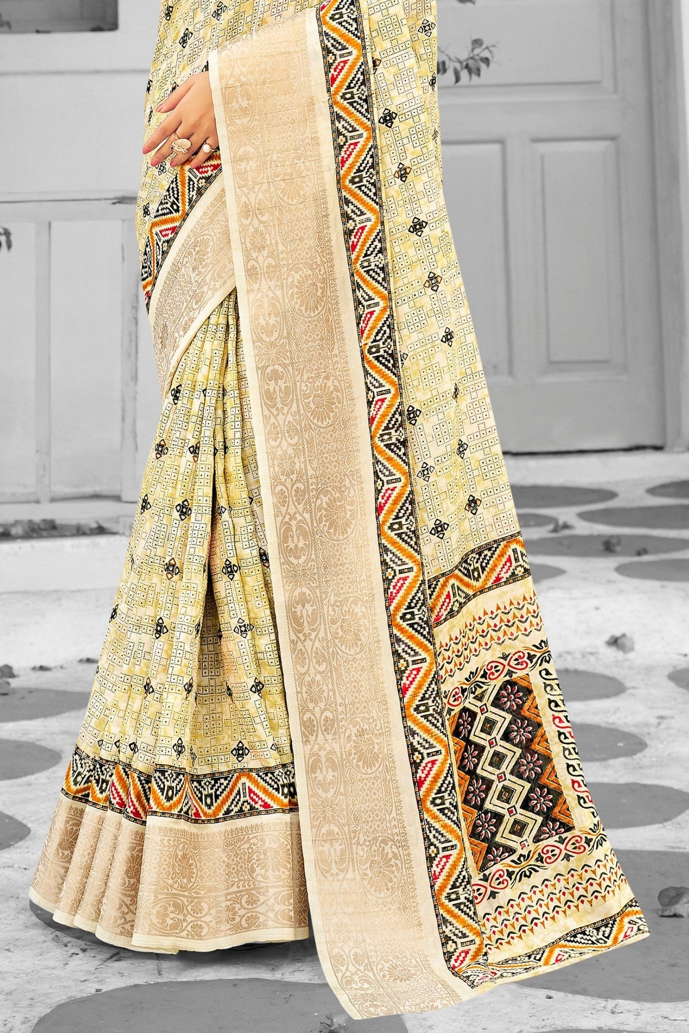 Buy MySilkLove Cumulus Cream Banarasi Printed Saree Online